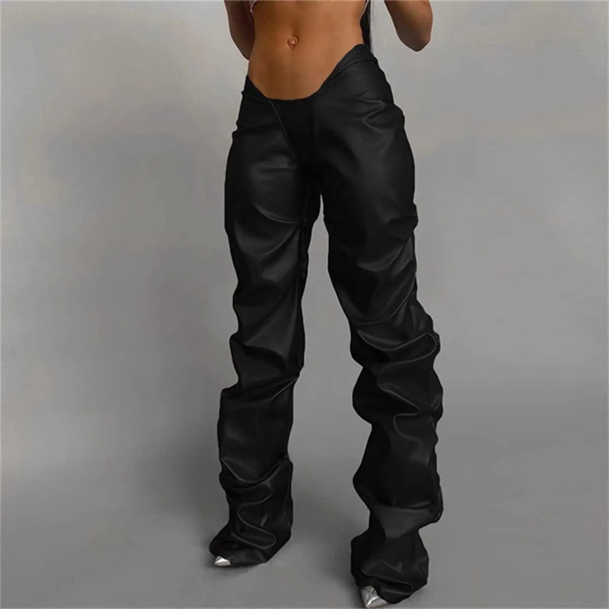 LROSEY Women's Stacked Faux Leather Pants Hipsters V Waist Metallic Chrome Disco Rave Trousers Space Alien Costume