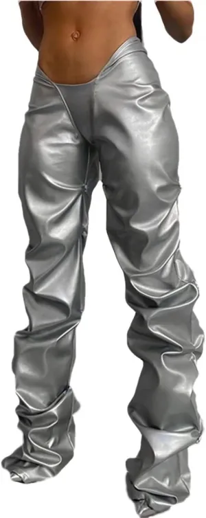 LROSEY Women's Stacked Faux Leather Pants Hipsters V Waist Metallic Chrome Disco Rave Trousers Space Alien Costume