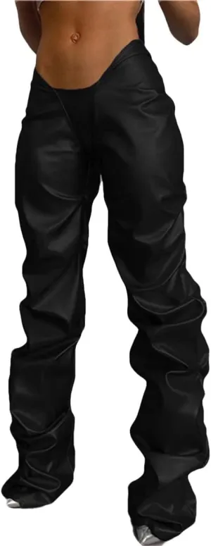 LROSEY Women's Stacked Faux Leather Pants Hipsters V Waist Metallic Chrome Disco Rave Trousers Space Alien Costume