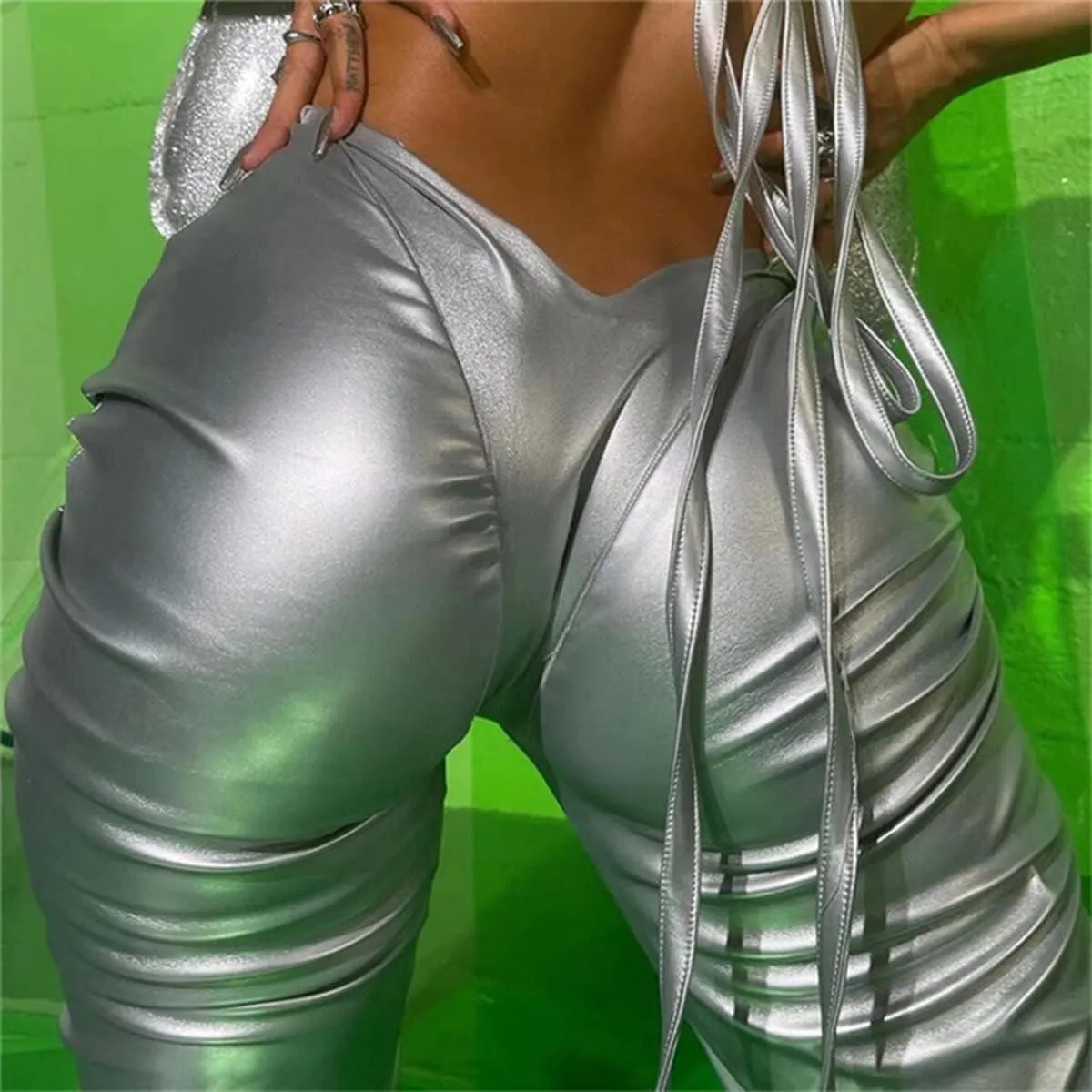 LROSEY Women's Stacked Faux Leather Pants Hipsters V Waist Metallic Chrome Disco Rave Trousers Space Alien Costume
