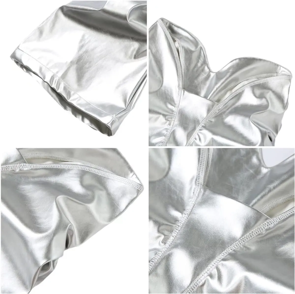LROSEY Women's Stacked Faux Leather Pants Hipsters V Waist Metallic Chrome Disco Rave Trousers Space Alien Costume