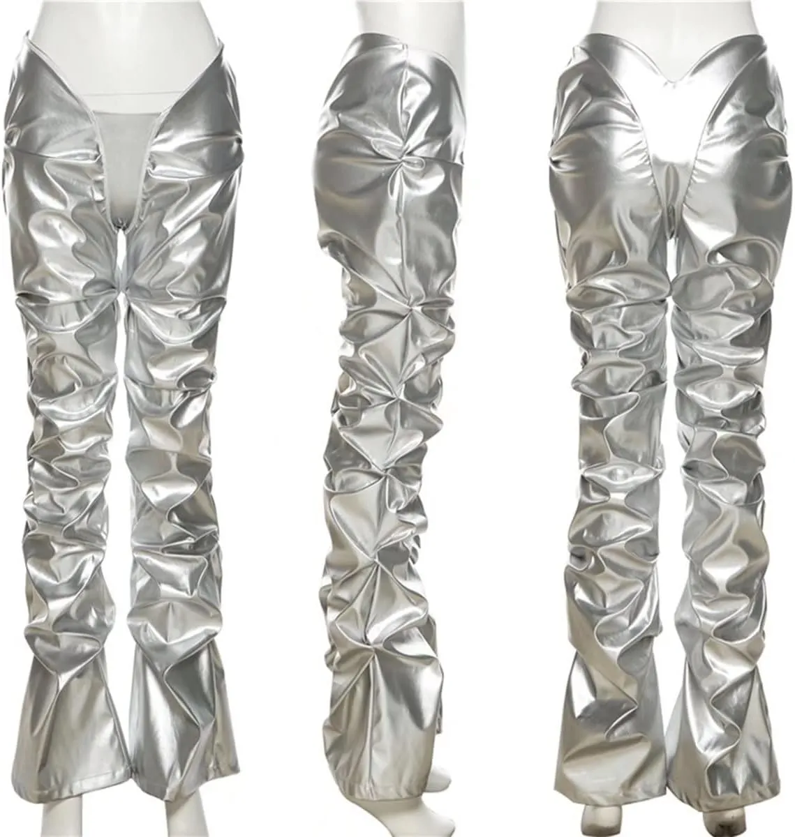 LROSEY Women's Stacked Faux Leather Pants Hipsters V Waist Metallic Chrome Disco Rave Trousers Space Alien Costume