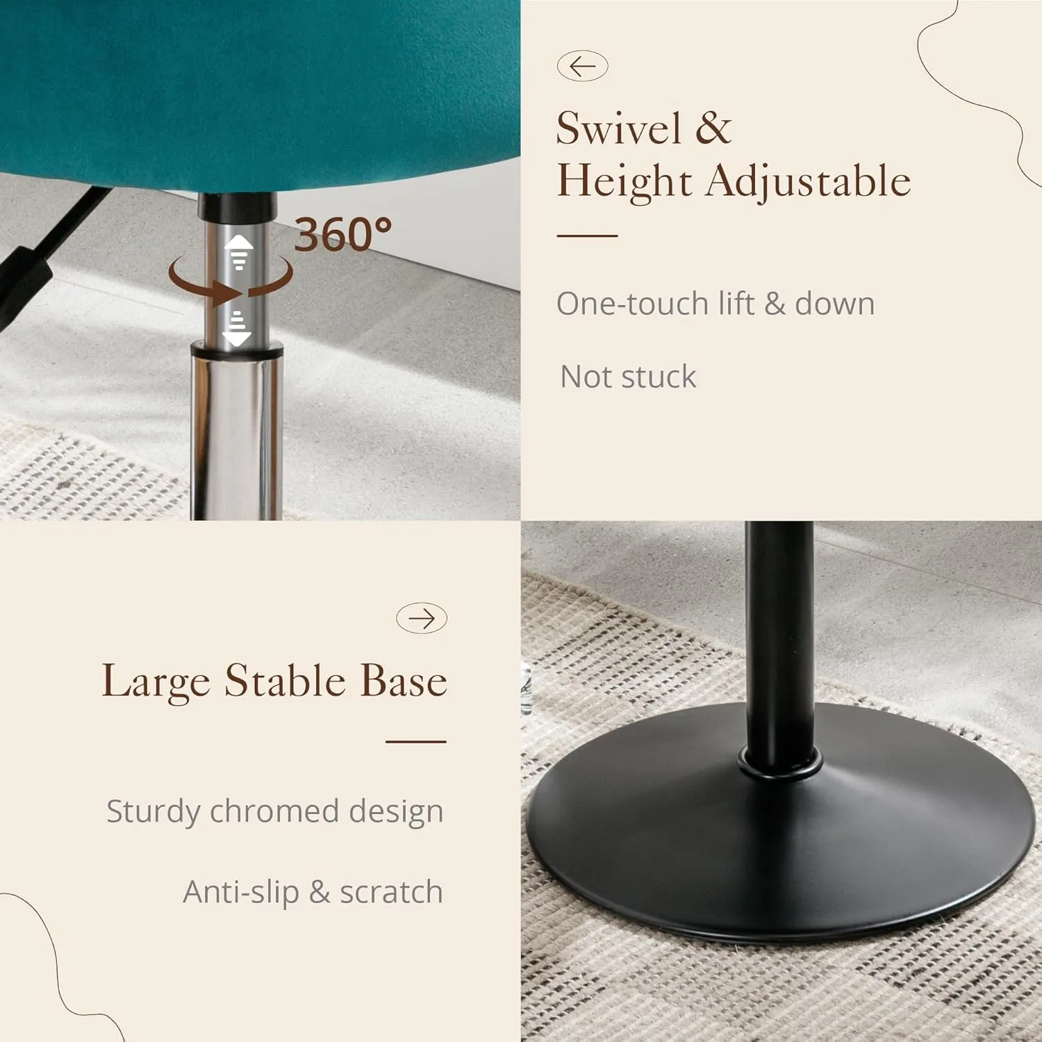 LUE BONA Adjustable Swivel Vanity Chair - Teal Velvet Stool for Makeup Room, Bathroom & Living Room
