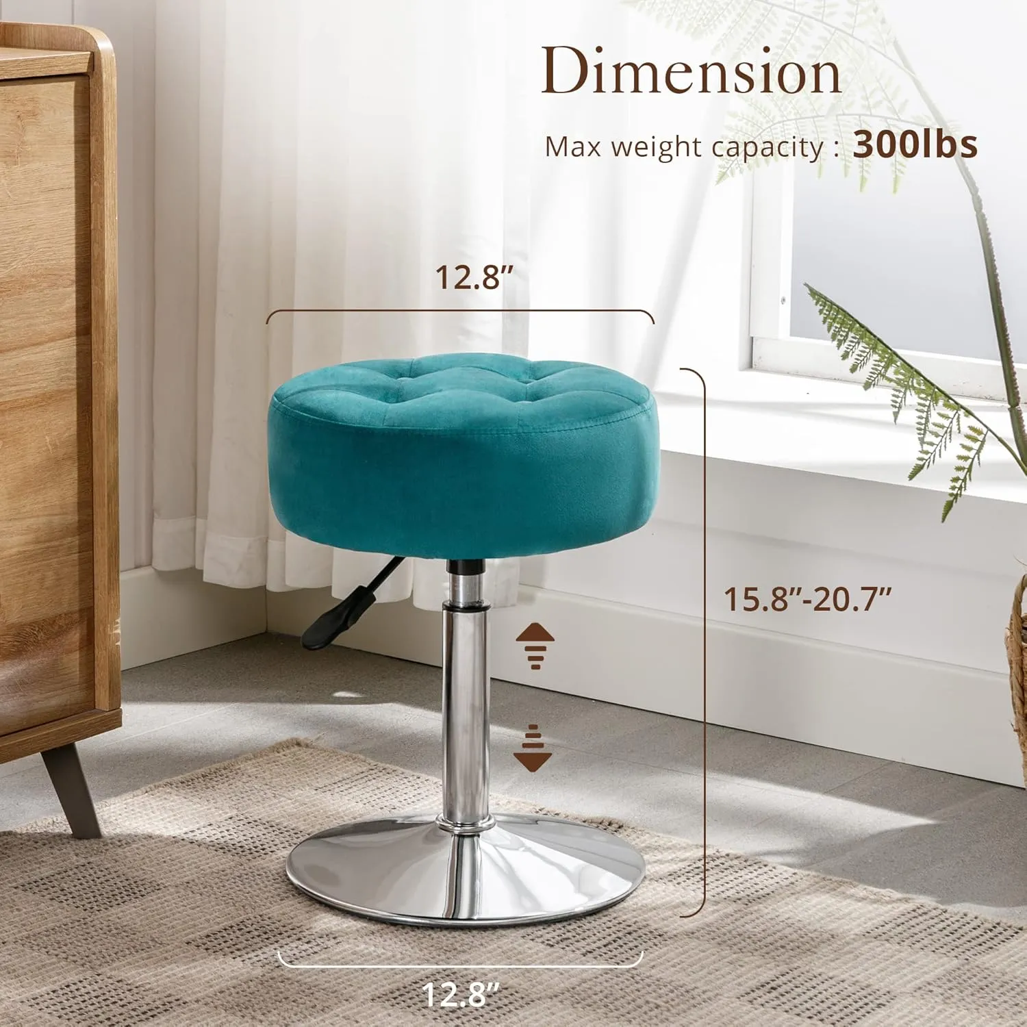 LUE BONA Adjustable Swivel Vanity Chair - Teal Velvet Stool for Makeup Room, Bathroom & Living Room