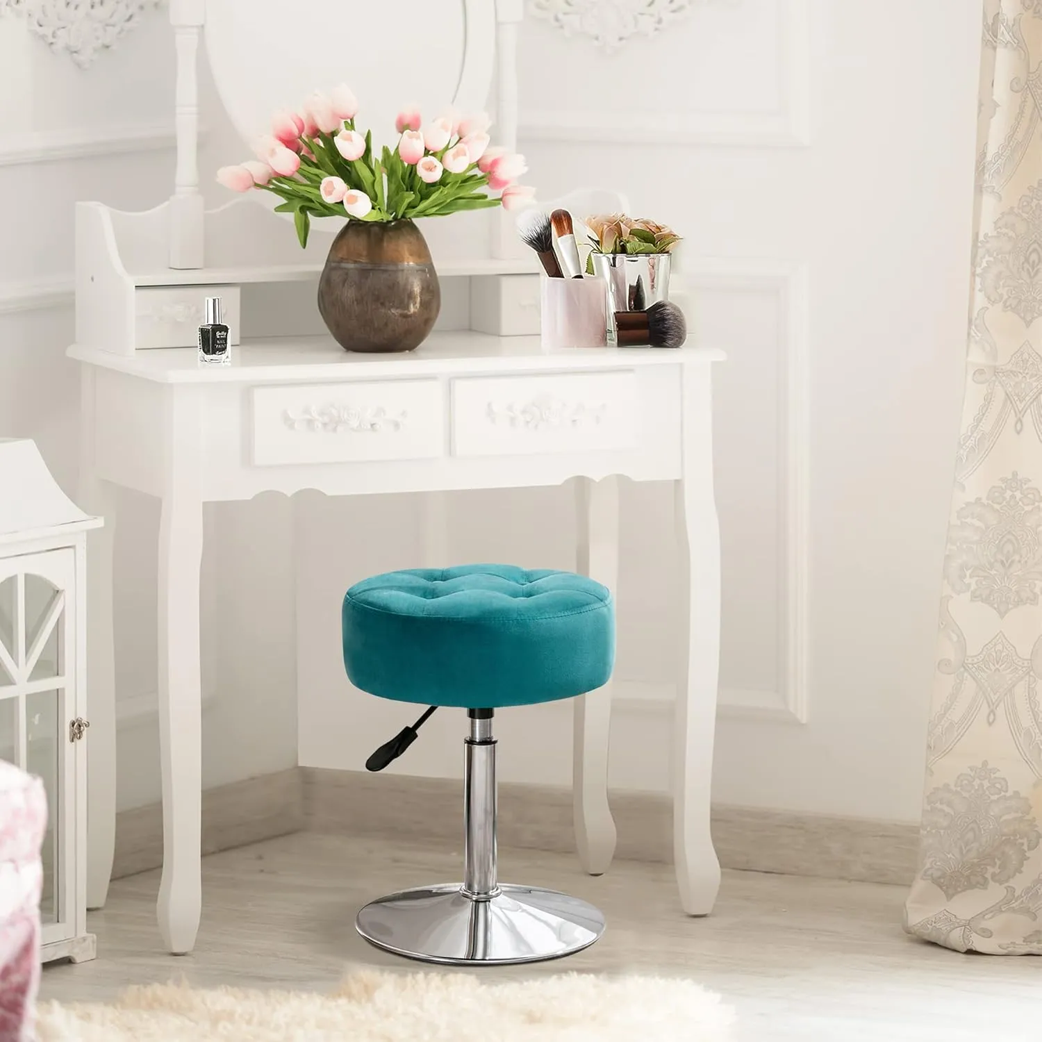 LUE BONA Adjustable Swivel Vanity Chair - Teal Velvet Stool for Makeup Room, Bathroom & Living Room