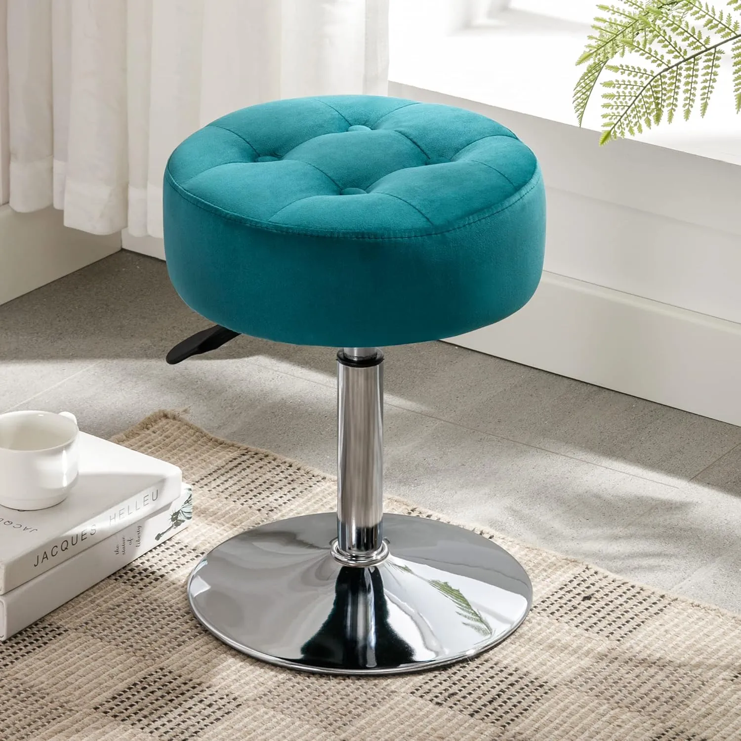 LUE BONA Adjustable Swivel Vanity Chair - Teal Velvet Stool for Makeup Room, Bathroom & Living Room