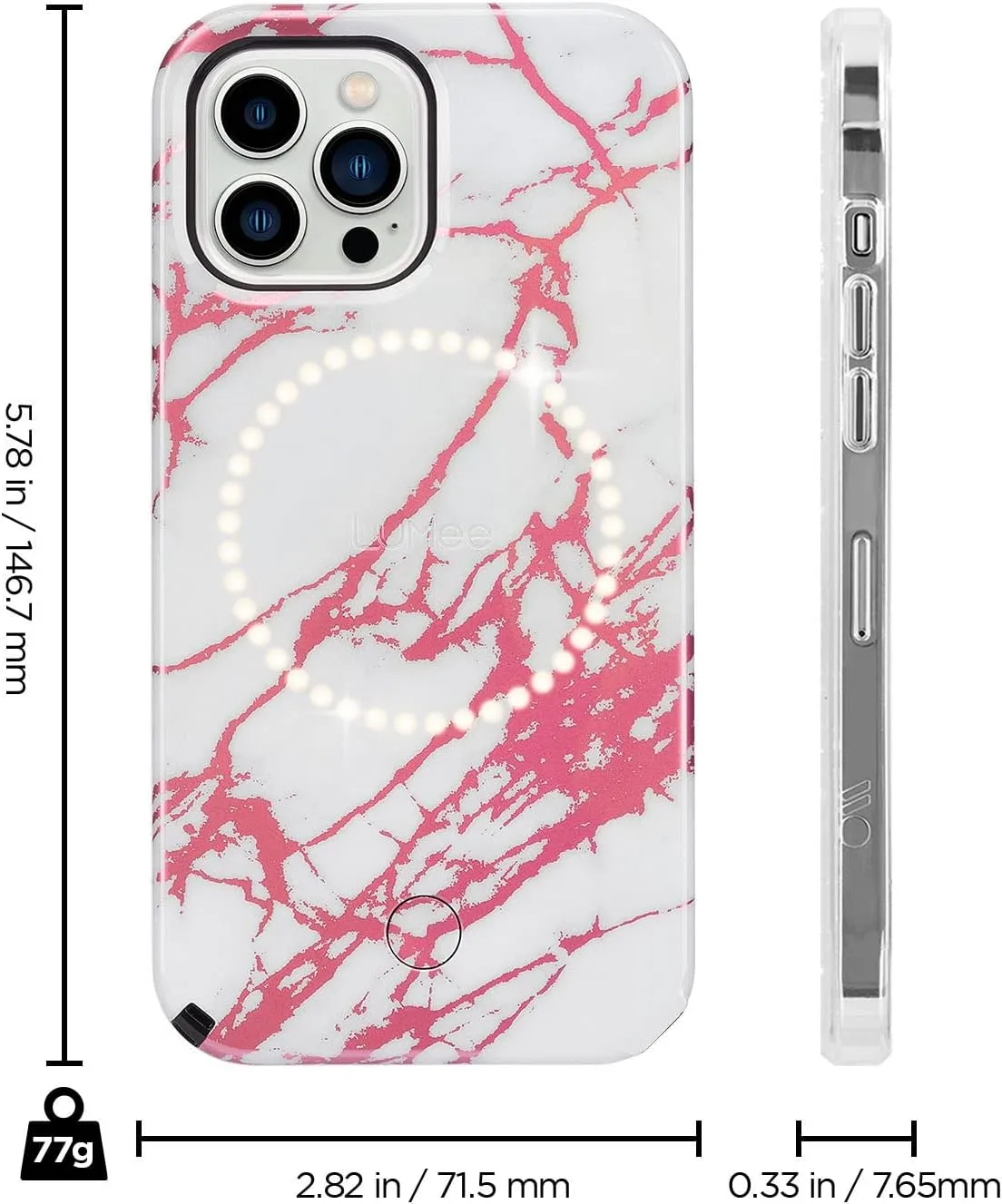 LuMee - Halo - Lighted Selfie Case for iPhone 13 and 13 Pro - Built-in Adjustable LED Lighting - 6.1 Inch - Rose Metallic White Marble