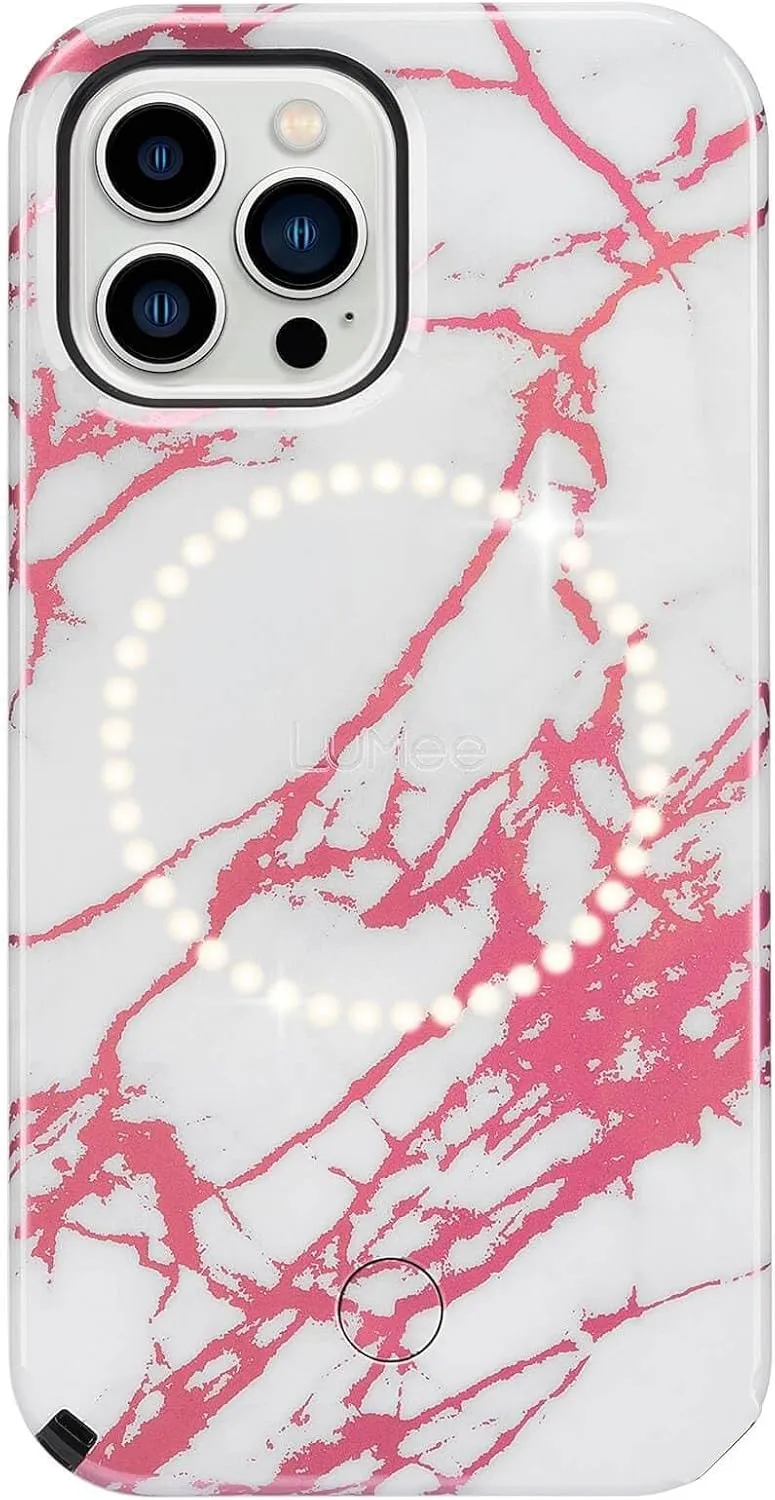 LuMee - Halo - Lighted Selfie Case for iPhone 13 and 13 Pro - Built-in Adjustable LED Lighting - 6.1 Inch - Rose Metallic White Marble
