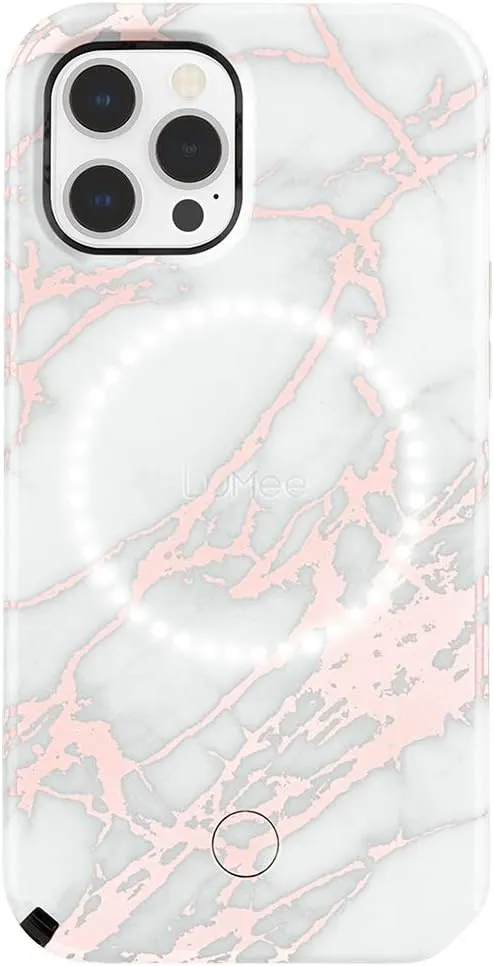LuMee - Halo - Lighted Selfie Case for iPhone 13 Pro Max - Built-in Adjustable LED Lighting - 6.7 Inch - Rose Metallic White Marble