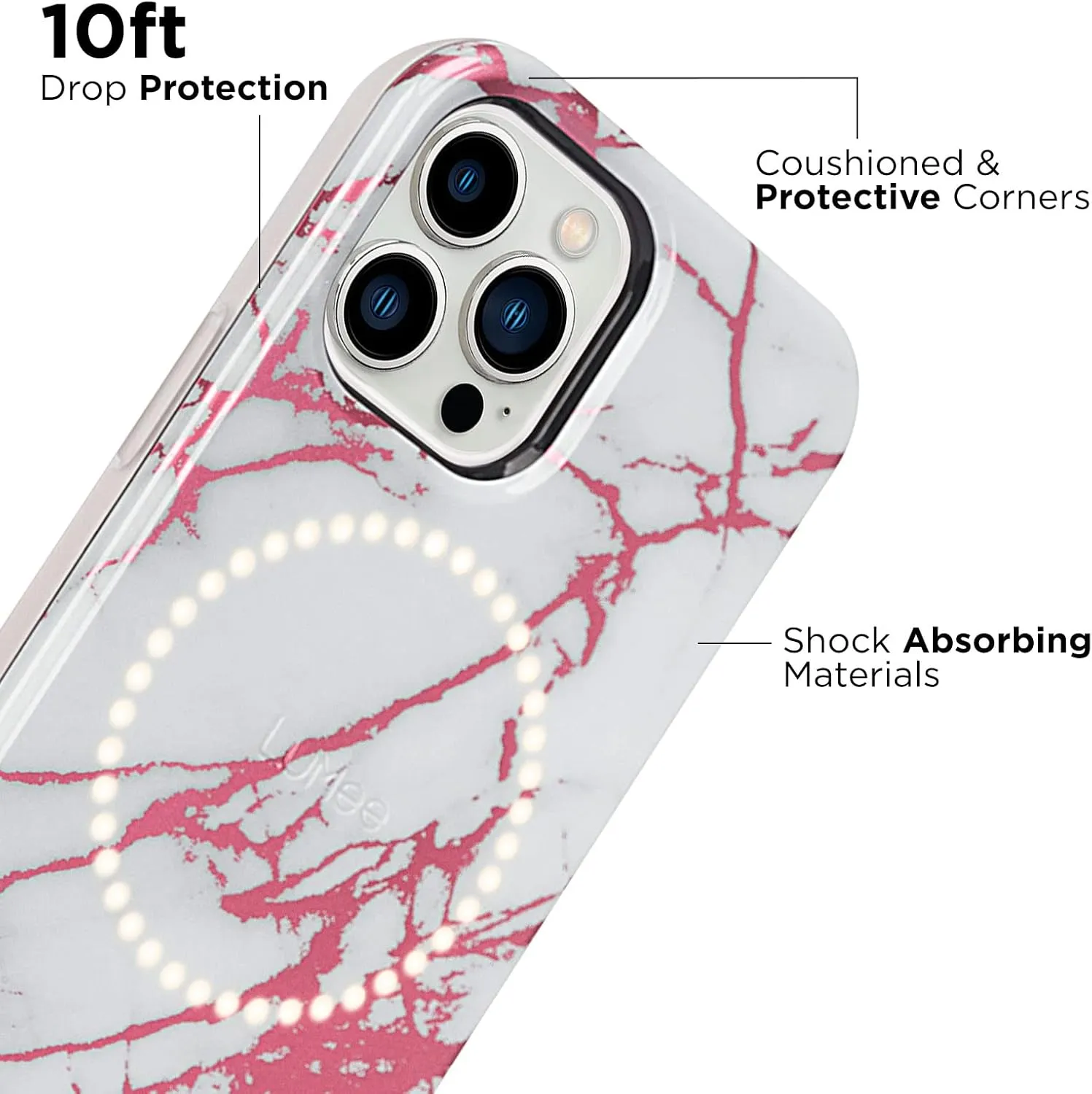 LuMee - Halo - Lighted Selfie Case for iPhone 13 Pro Max - Built-in Adjustable LED Lighting - 6.7 Inch - Rose Metallic White Marble