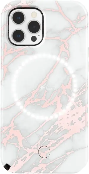 LuMee - Halo - Lighted Selfie Case for iPhone 13 Pro Max - Built-in Adjustable LED Lighting - 6.7 Inch - Rose Metallic White Marble
