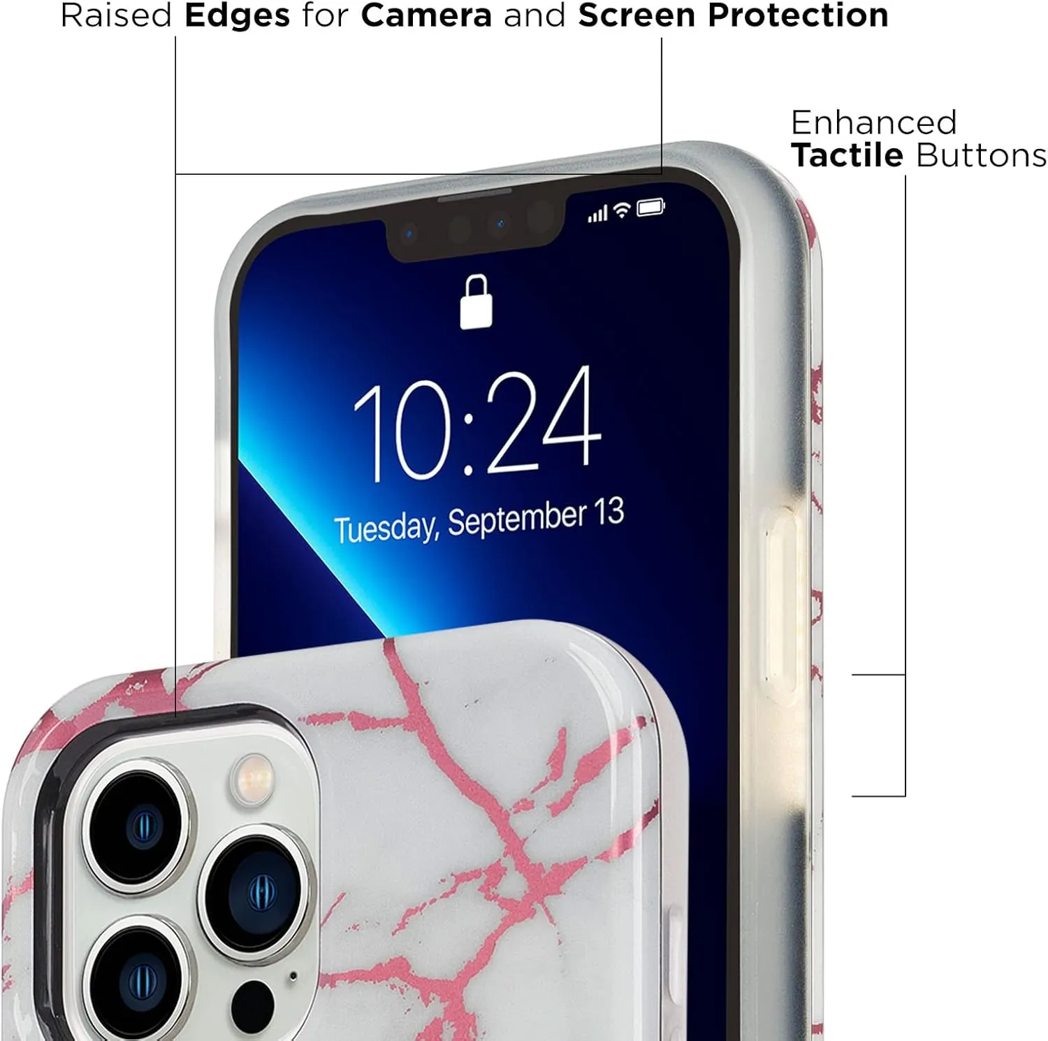 LuMee - Halo - Lighted Selfie Case for iPhone 13 Pro Max - Built-in Adjustable LED Lighting - 6.7 Inch - Rose Metallic White Marble