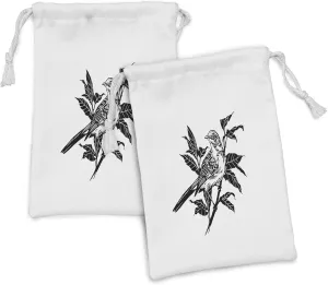 Lunarable Bird Print Fabric Pouch Set of 2, Sketchy of Sparrow on a Branch and Leaves on Plain Backdrop Print, Small Drawstring Bag for Toiletries Masks and Favors, 9" x 6", Charcoal Grey and White