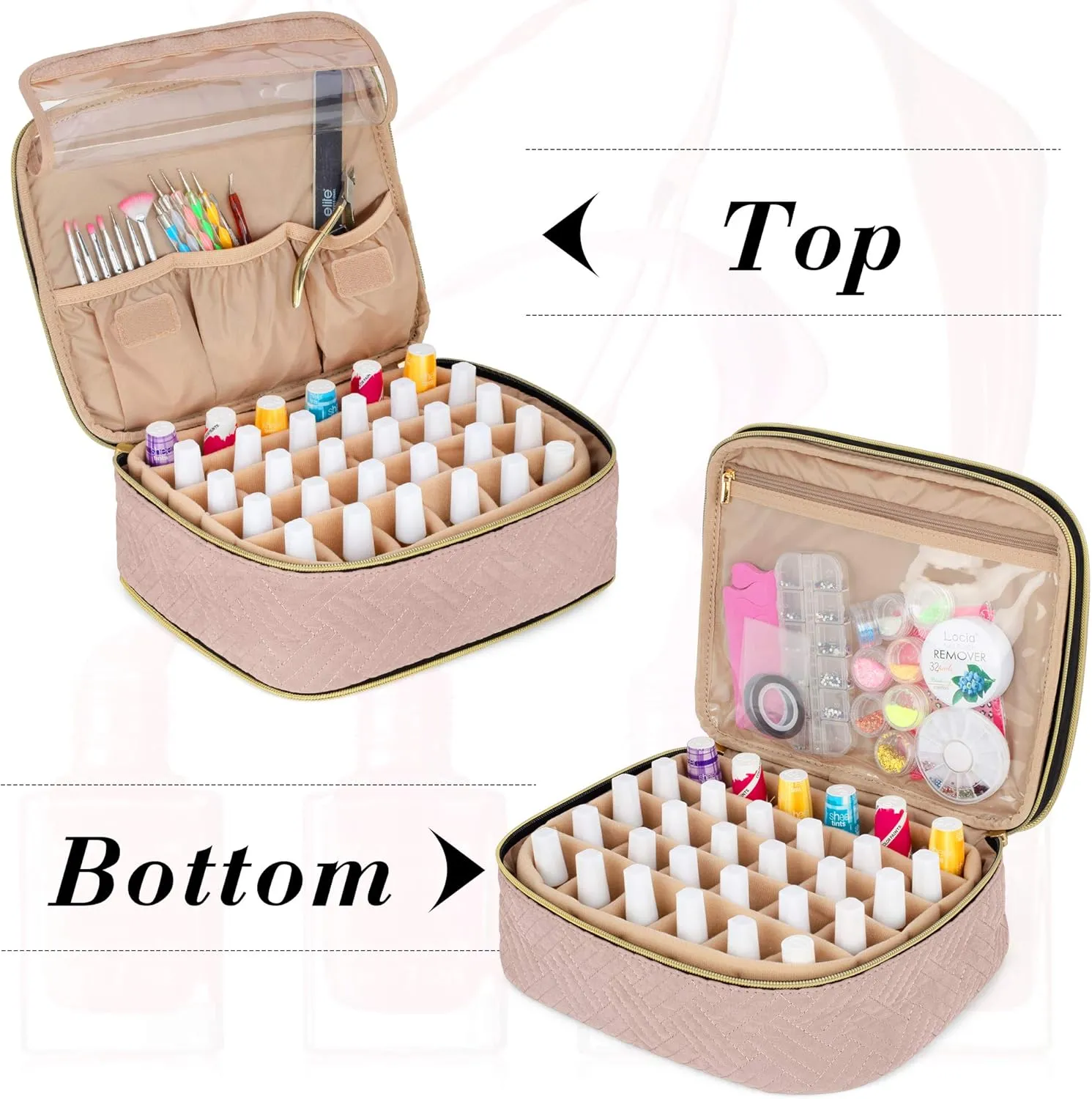 LUXJA Detachable 2 Layers Nail Polish Organizer - Hold 60 Bottles (15ml - 0.5 fl.oz), Nail Polish Case with Tools Storage Pockets (Patented Design), Pale Rose