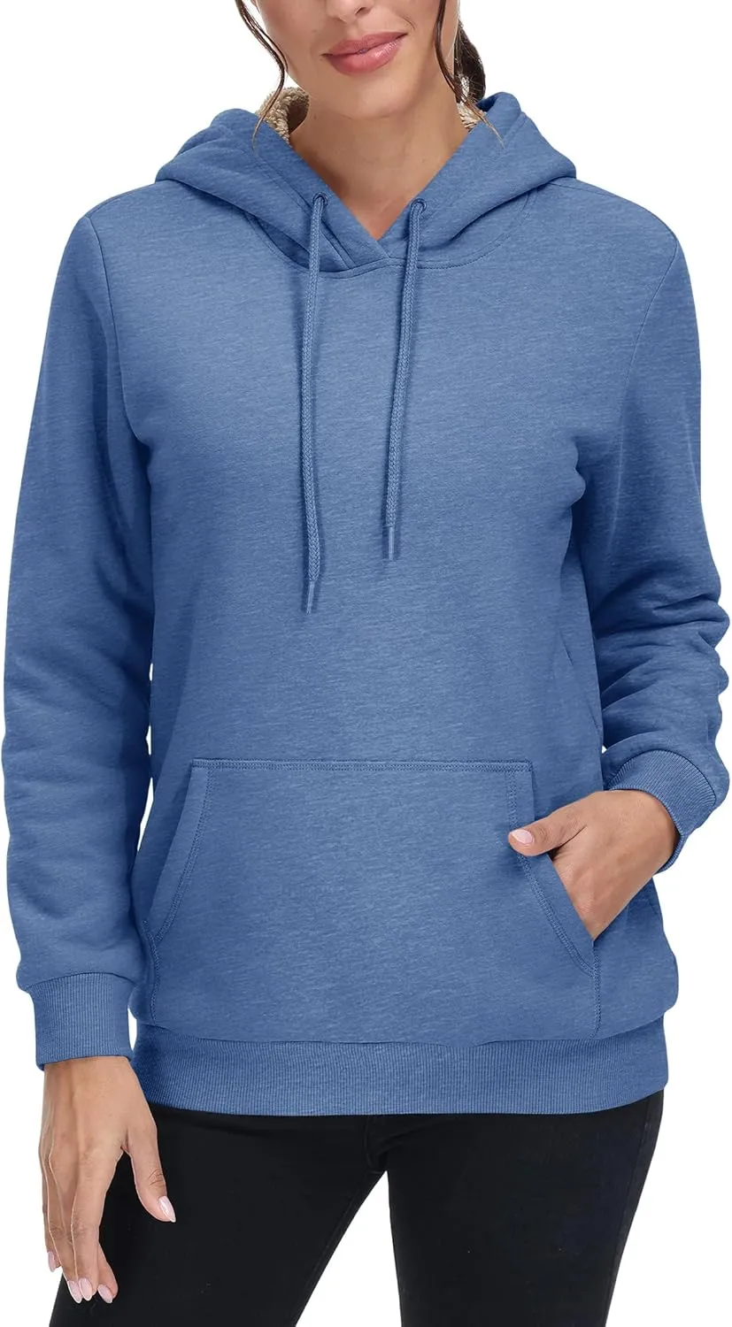 MAGCOMSEN Women's Winter Sherpa Lined Hoodie Warm Fleece Heavyweight Cotton Pullover Plain Hooded Sweatshirt with Pocket