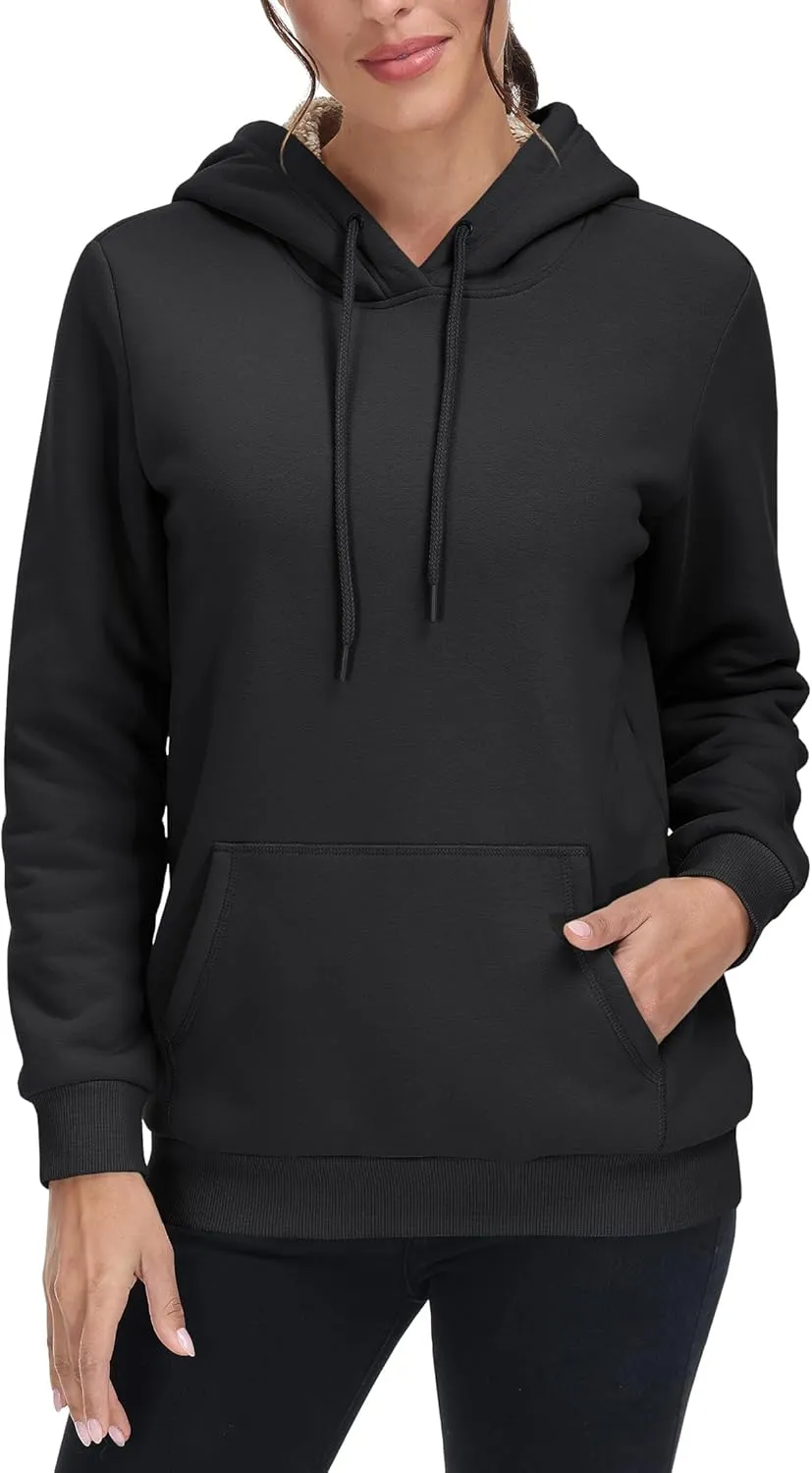 MAGCOMSEN Women's Winter Sherpa Lined Hoodie Warm Fleece Heavyweight Cotton Pullover Plain Hooded Sweatshirt with Pocket
