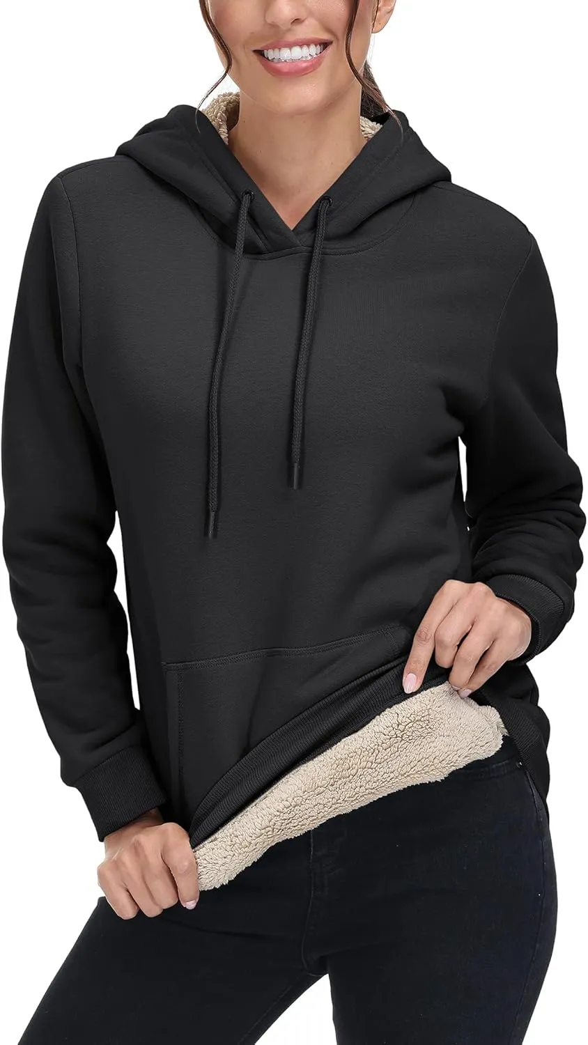 MAGCOMSEN Women's Winter Sherpa Lined Hoodie Warm Fleece Heavyweight Cotton Pullover Plain Hooded Sweatshirt with Pocket