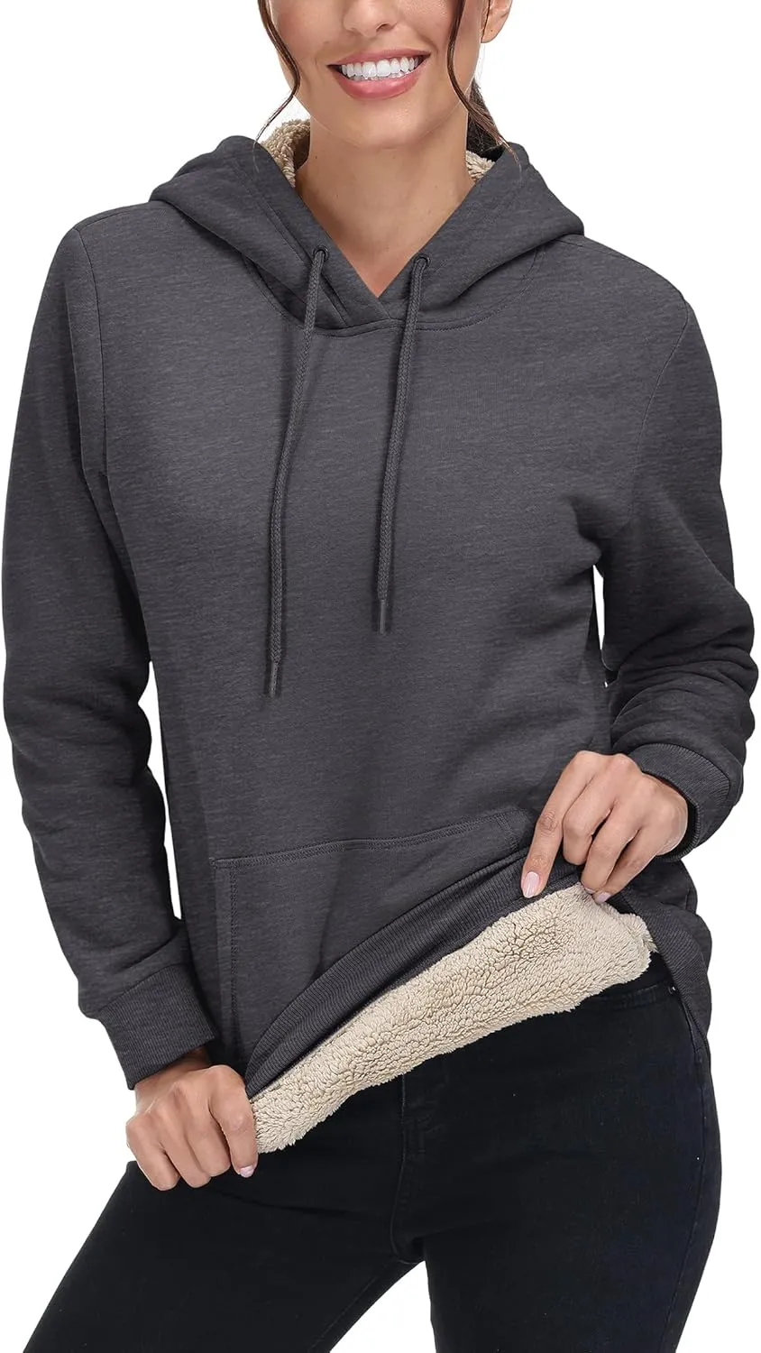 MAGCOMSEN Women's Winter Sherpa Lined Hoodie Warm Fleece Heavyweight Cotton Pullover Plain Hooded Sweatshirt with Pocket