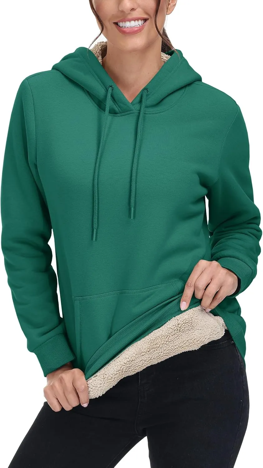MAGCOMSEN Women's Winter Sherpa Lined Hoodie Warm Fleece Heavyweight Cotton Pullover Plain Hooded Sweatshirt with Pocket