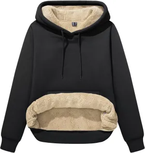MAGCOMSEN Women's Winter Sherpa Lined Hoodie Warm Fleece Heavyweight Cotton Pullover Plain Hooded Sweatshirt with Pocket
