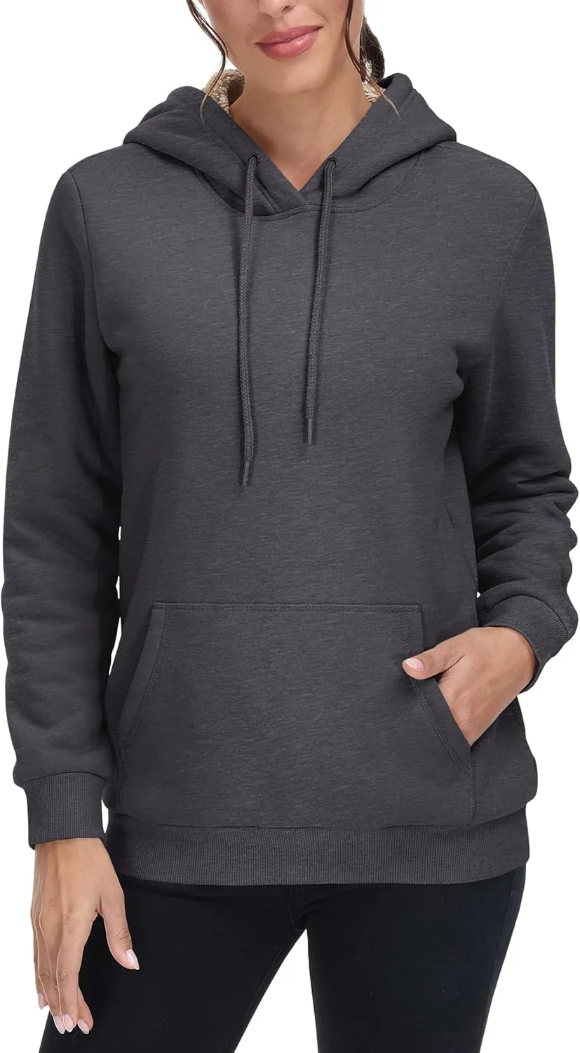 MAGCOMSEN Women's Winter Sherpa Lined Hoodie Warm Fleece Heavyweight Cotton Pullover Plain Hooded Sweatshirt with Pocket