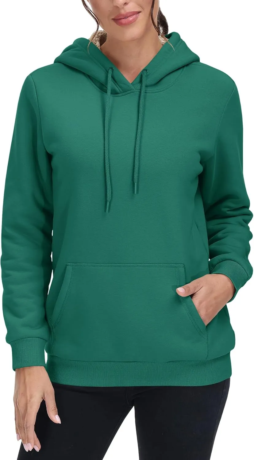 MAGCOMSEN Women's Winter Sherpa Lined Hoodie Warm Fleece Heavyweight Cotton Pullover Plain Hooded Sweatshirt with Pocket