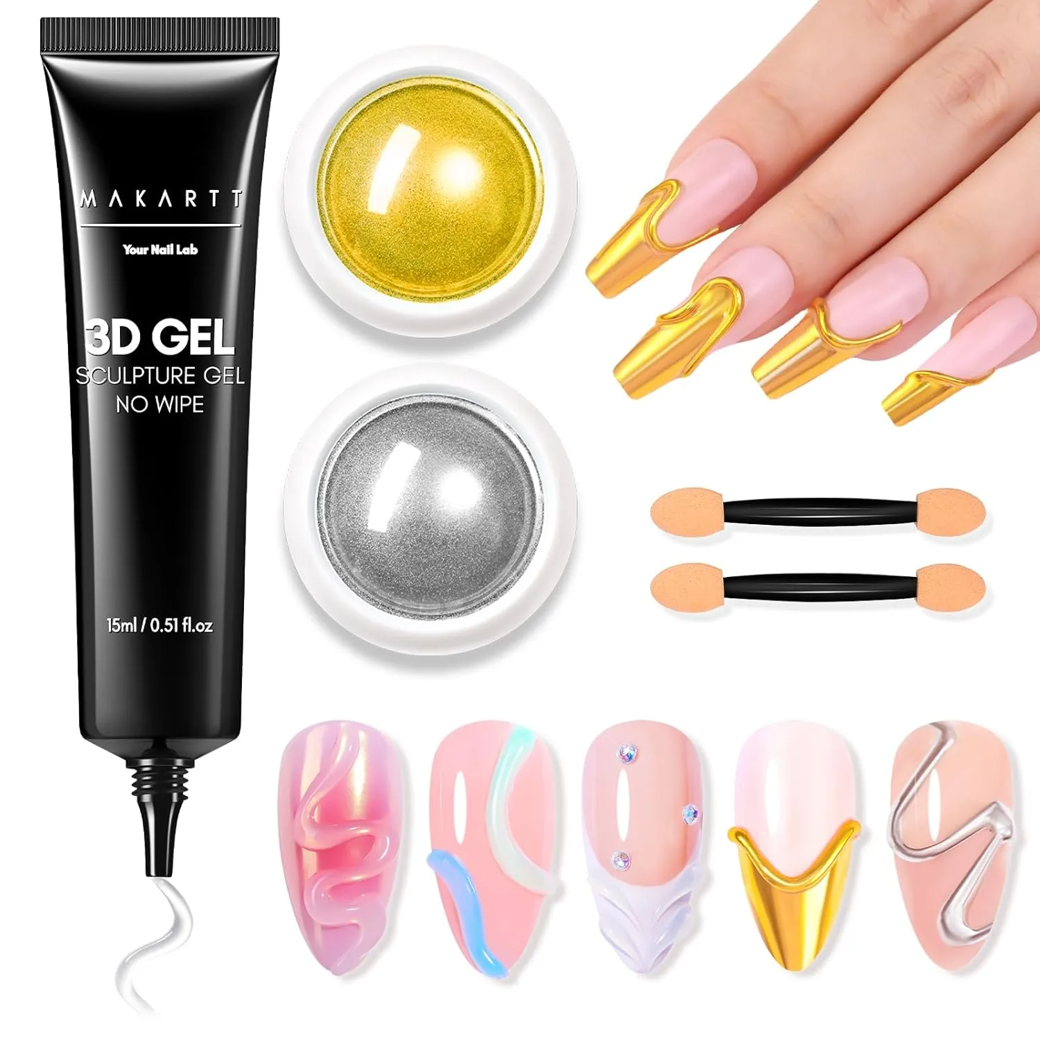 Makartt 3D Nail Gel and Chrome Nail Powder Kit, 15g Sculpting Gel for Nail Art DIY No wipe 3D Molding and Metallic Chrome Powder Set for Decoration Manicure Pedicure Use