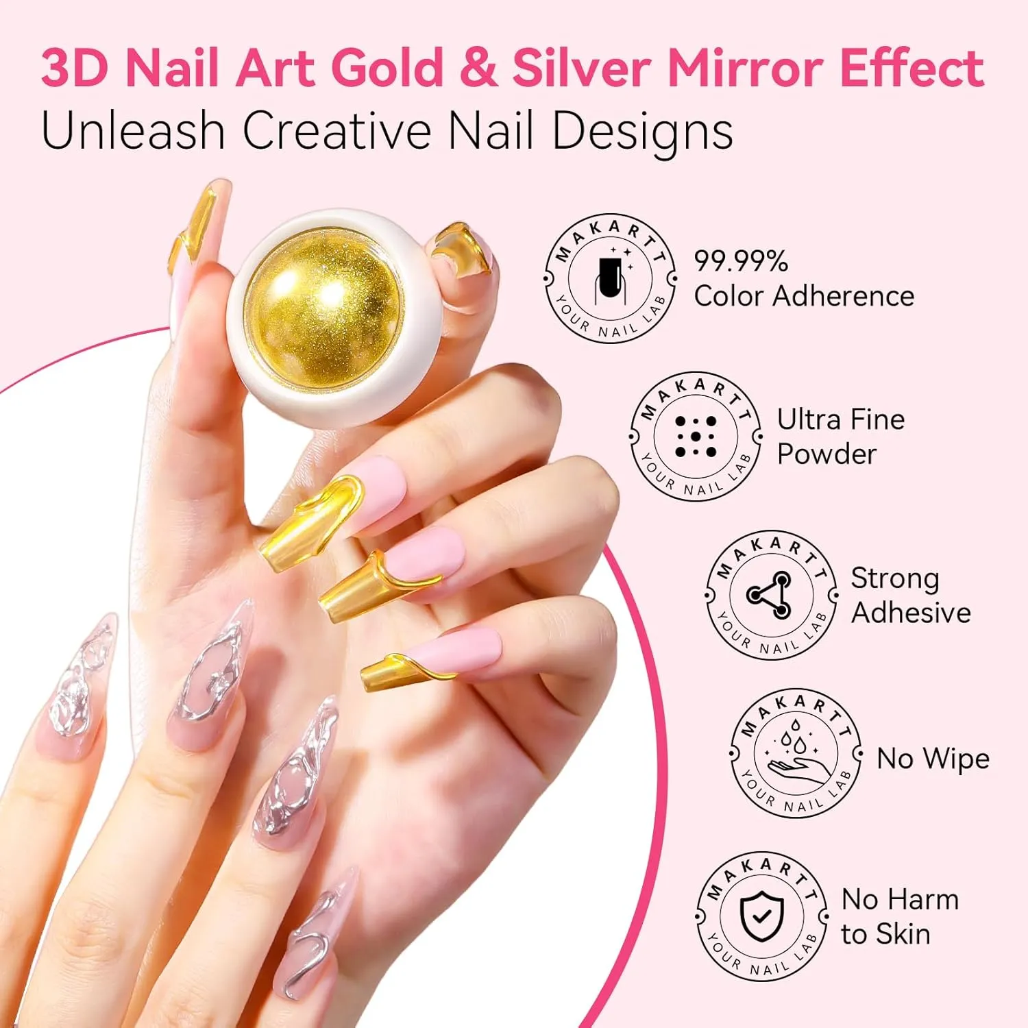 Makartt 3D Nail Gel and Chrome Nail Powder Kit, 15g Sculpting Gel for Nail Art DIY No wipe 3D Molding and Metallic Chrome Powder Set for Decoration Manicure Pedicure Use