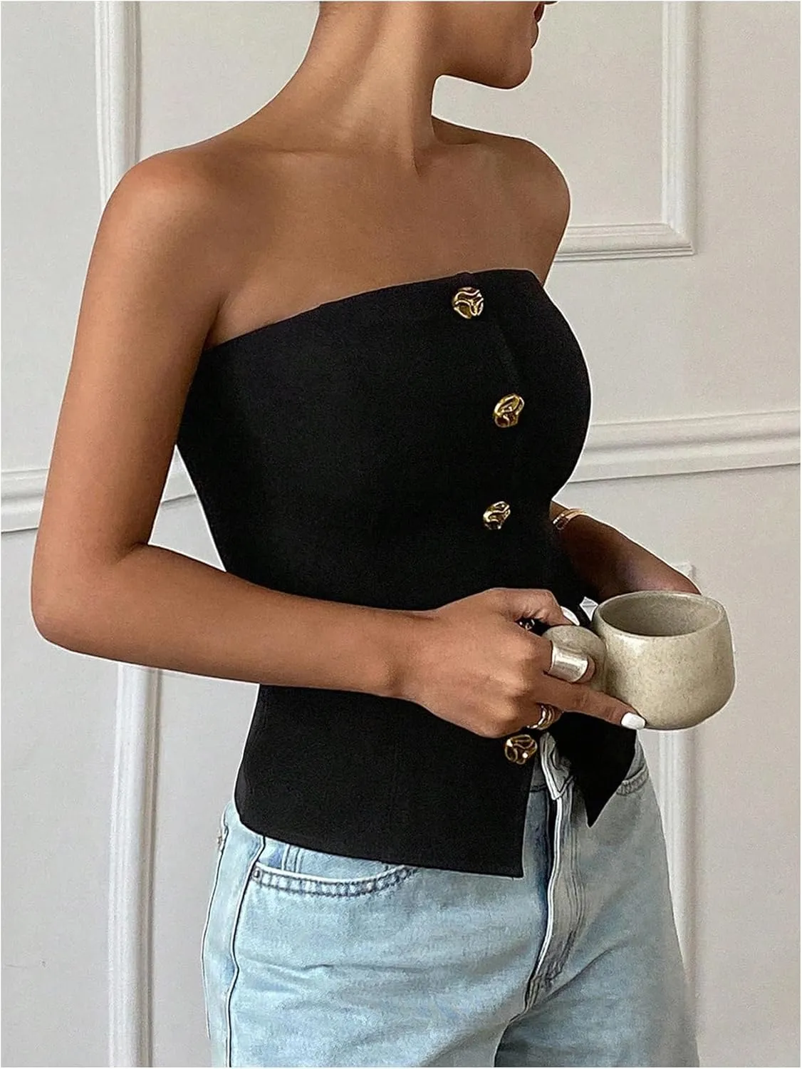 MakeMeChic Women's Metallic 3D Flower Strapless Tube Top Sleeveless Split Bandeau Tops