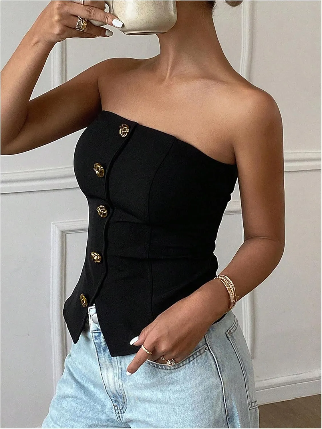 MakeMeChic Women's Metallic 3D Flower Strapless Tube Top Sleeveless Split Bandeau Tops