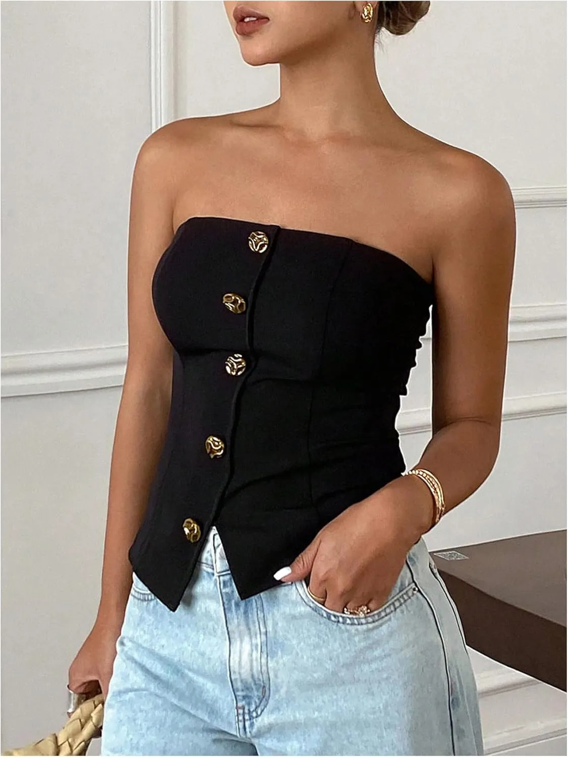 MakeMeChic Women's Metallic 3D Flower Strapless Tube Top Sleeveless Split Bandeau Tops