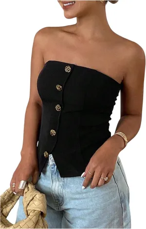 MakeMeChic Women's Metallic 3D Flower Strapless Tube Top Sleeveless Split Bandeau Tops