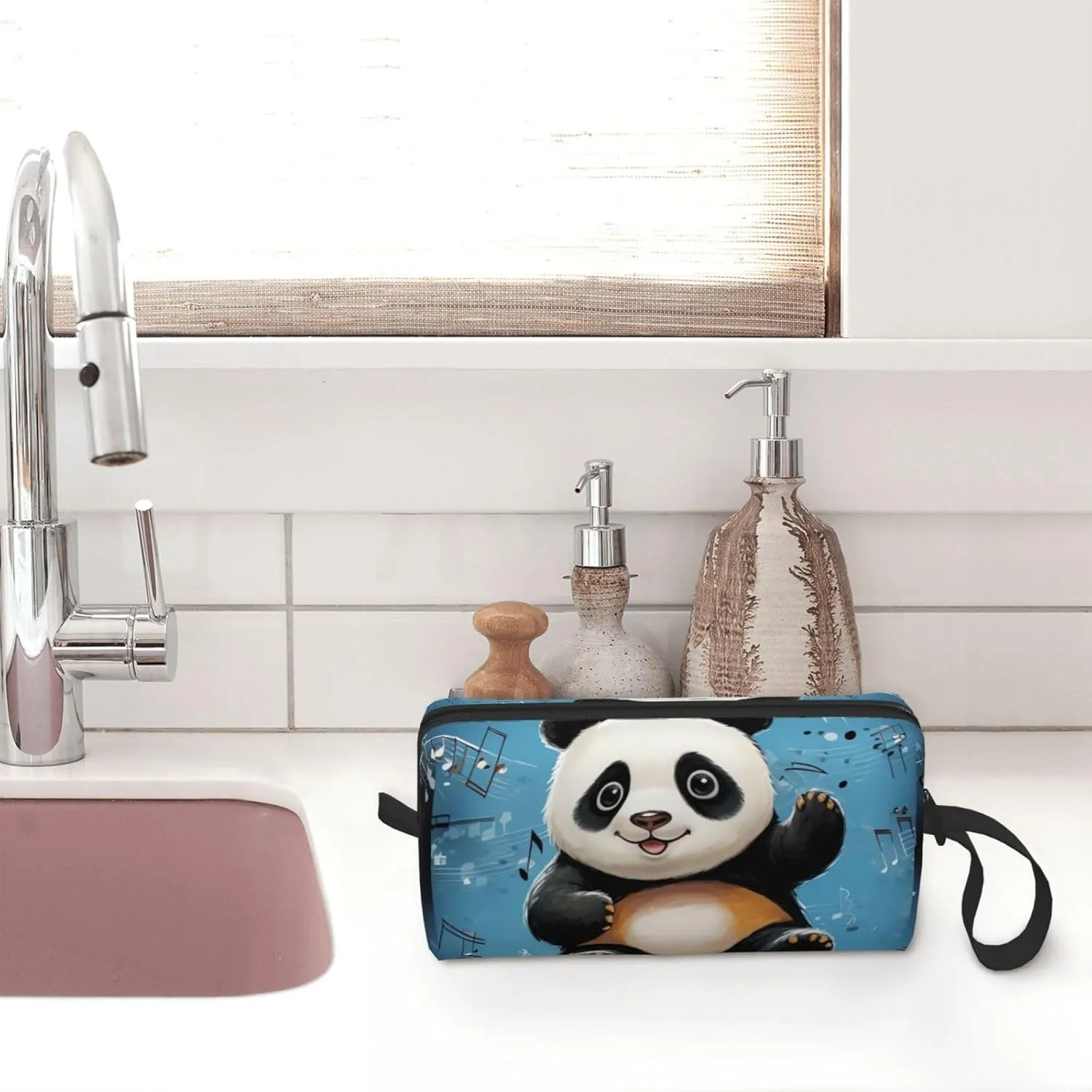 Makeup Bag for Women Panda dancing on musical notes Large Capacity Cosmetic Bags Portable Toiletry Bag Travel Storage