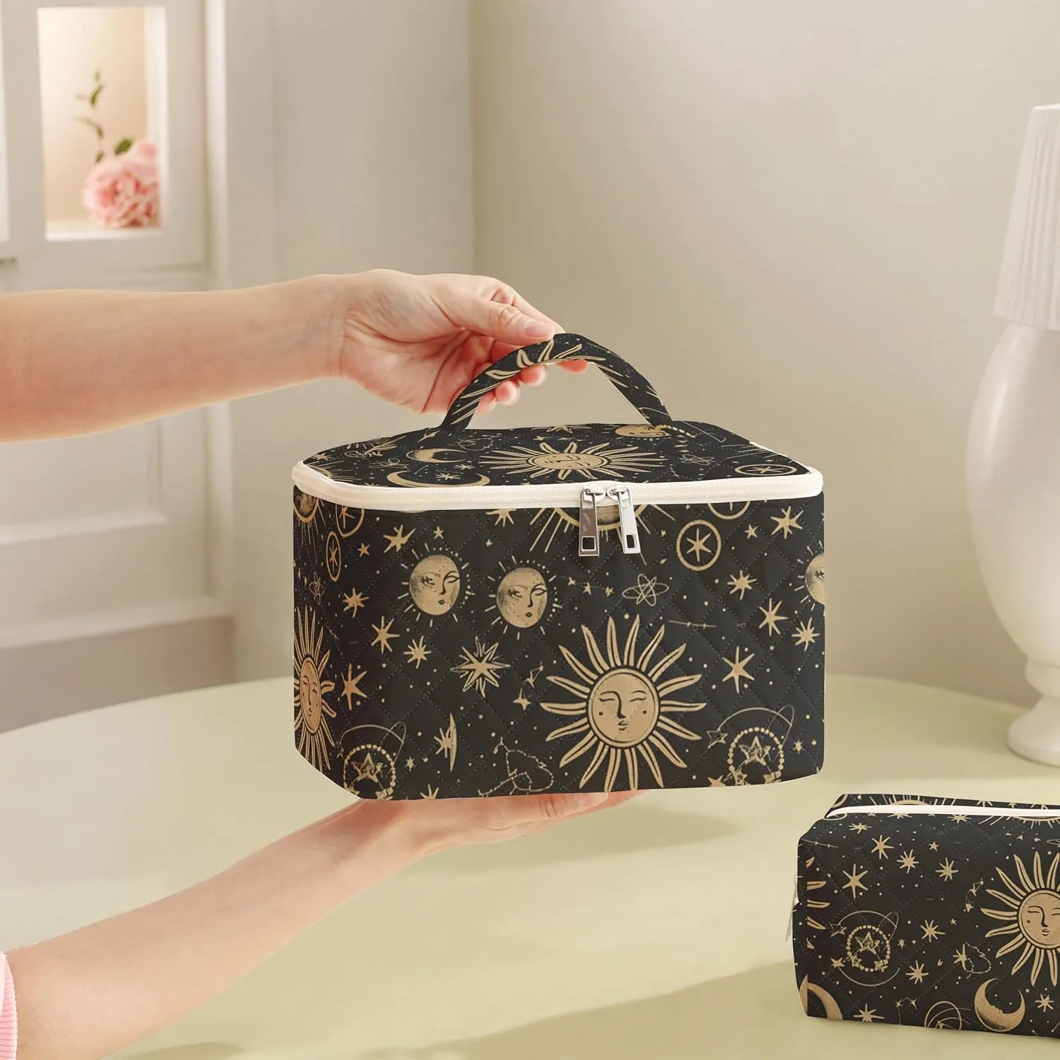 Makeup Bag For Women,Travel Toiletry Organizer,Cute Quilted Cotton Cosmetic Pouch,Portable Make Up Bags For Friendship Gift 2Pack