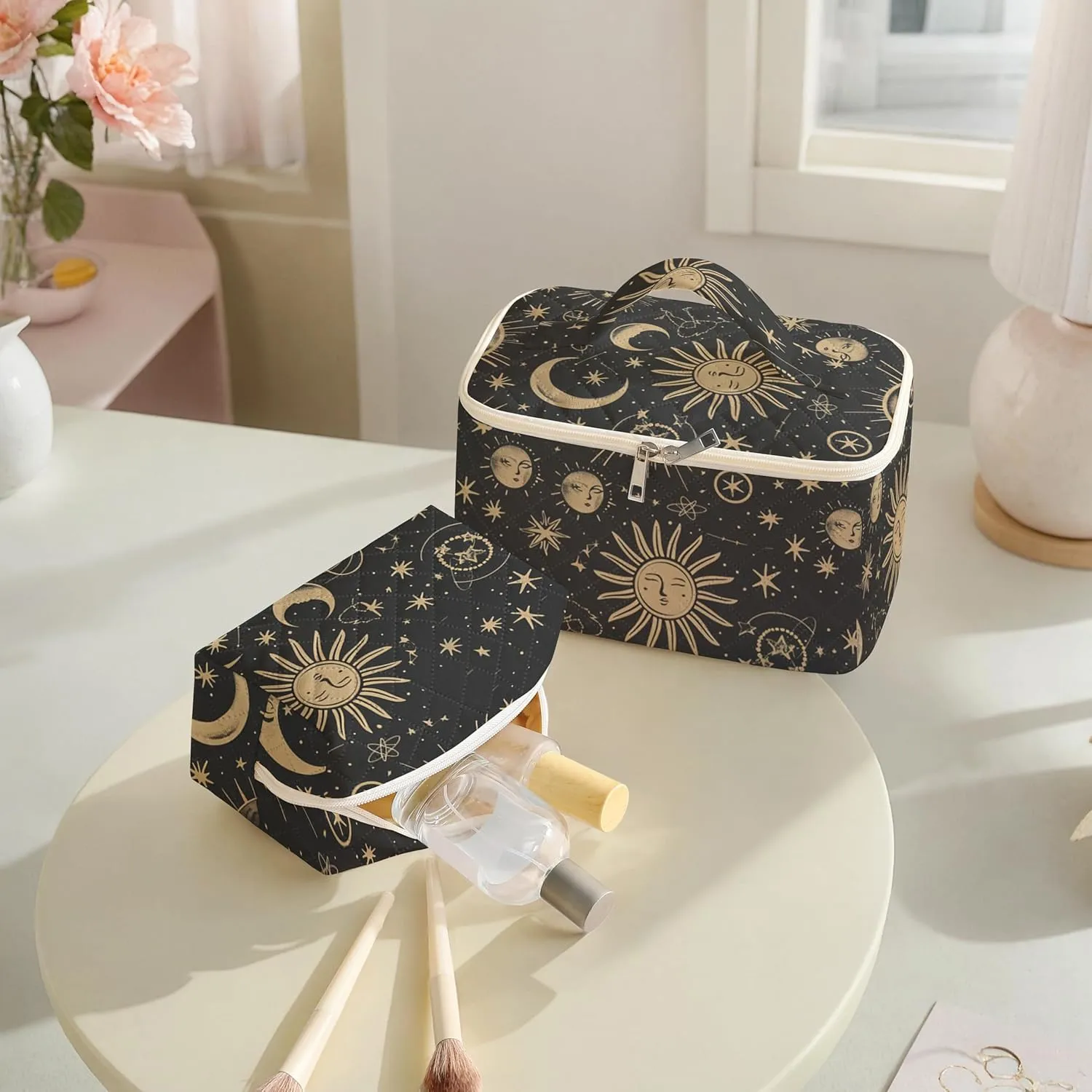 Makeup Bag For Women,Travel Toiletry Organizer,Cute Quilted Cotton Cosmetic Pouch,Portable Make Up Bags For Friendship Gift 2Pack