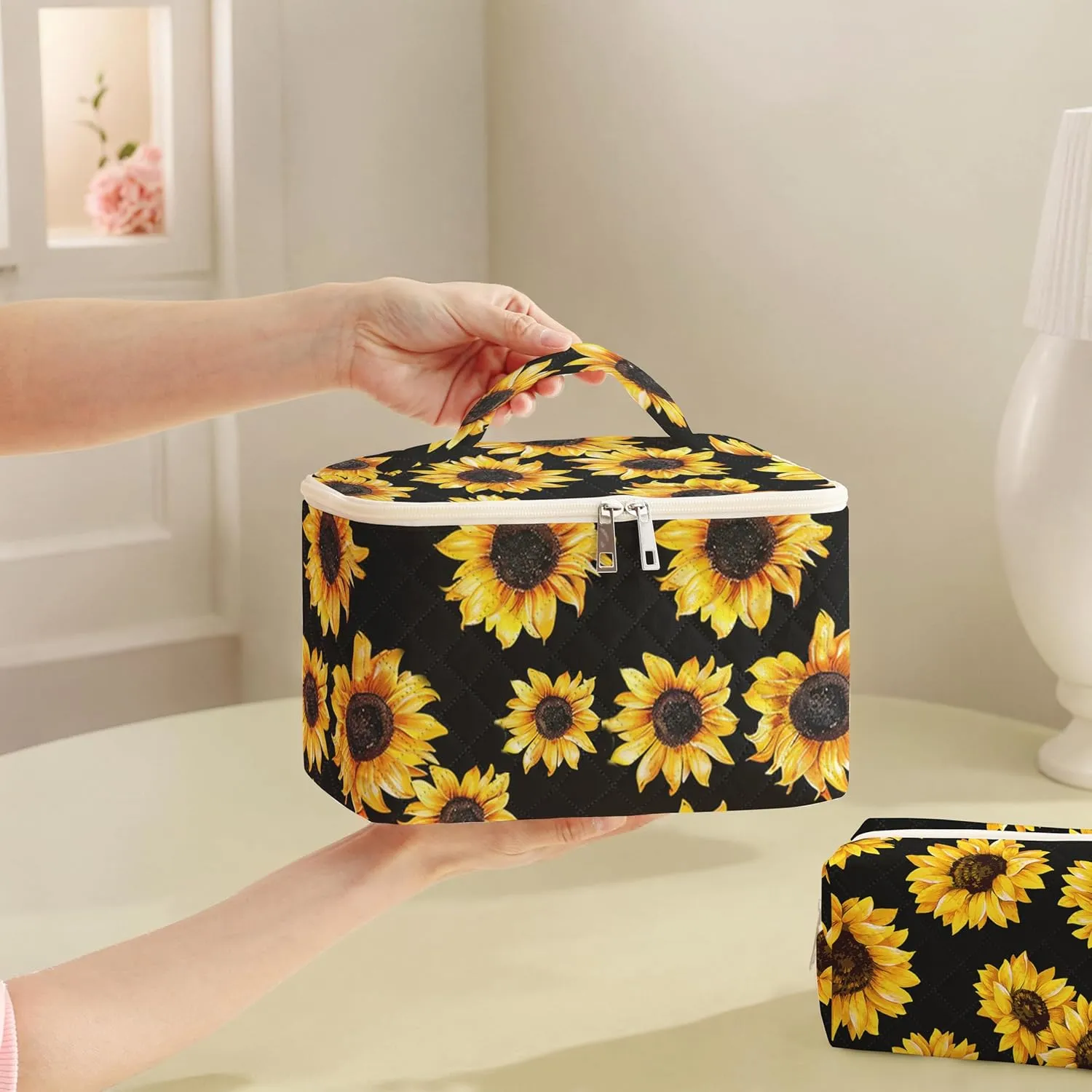 Makeup Bag For Women,Travel Toiletry Organizer,Cute Quilted Cotton Cosmetic Pouch,Portable Make Up Bags For Friendship Gift 2Pack