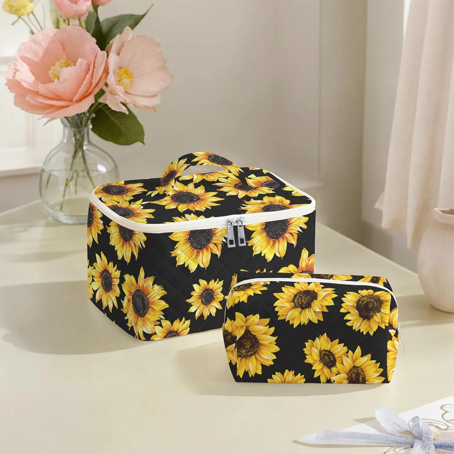 Makeup Bag For Women,Travel Toiletry Organizer,Cute Quilted Cotton Cosmetic Pouch,Portable Make Up Bags For Friendship Gift 2Pack