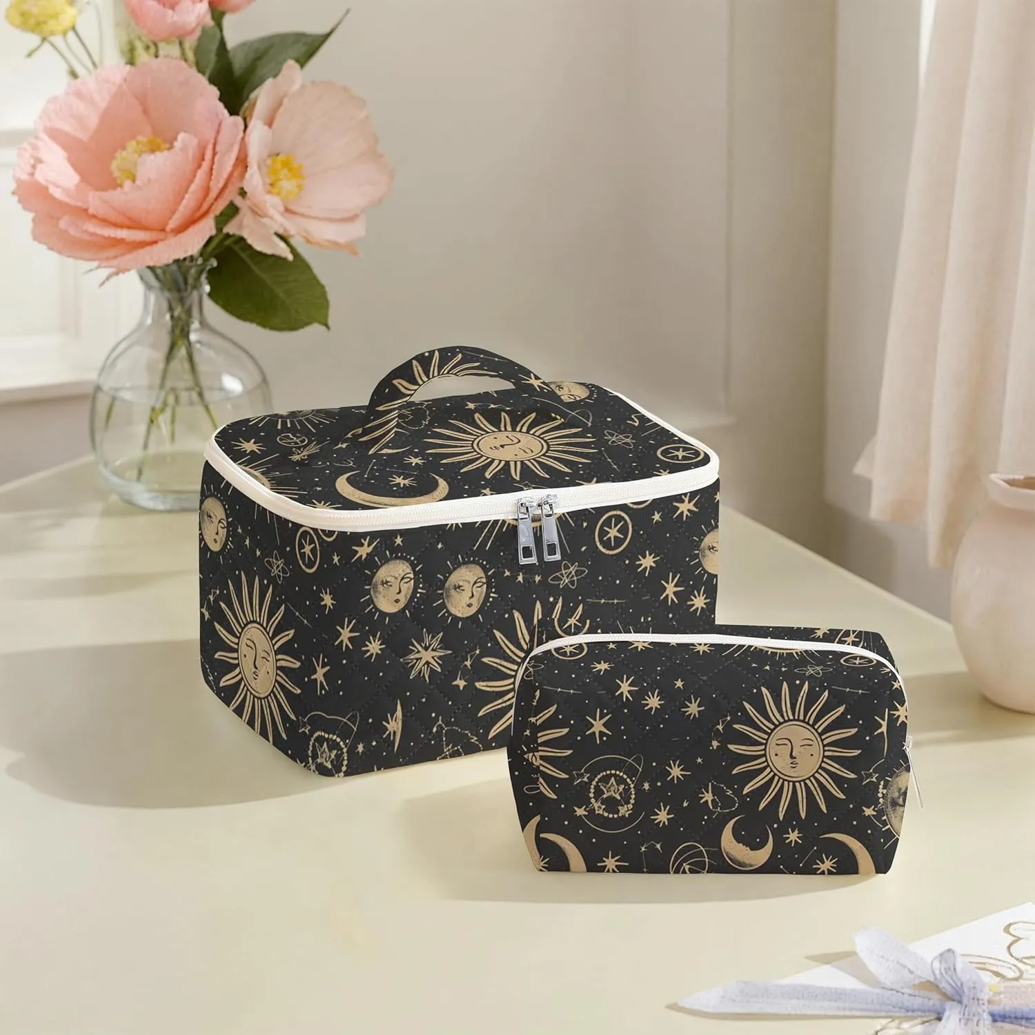 Makeup Bag For Women,Travel Toiletry Organizer,Cute Quilted Cotton Cosmetic Pouch,Portable Make Up Bags For Friendship Gift 2Pack