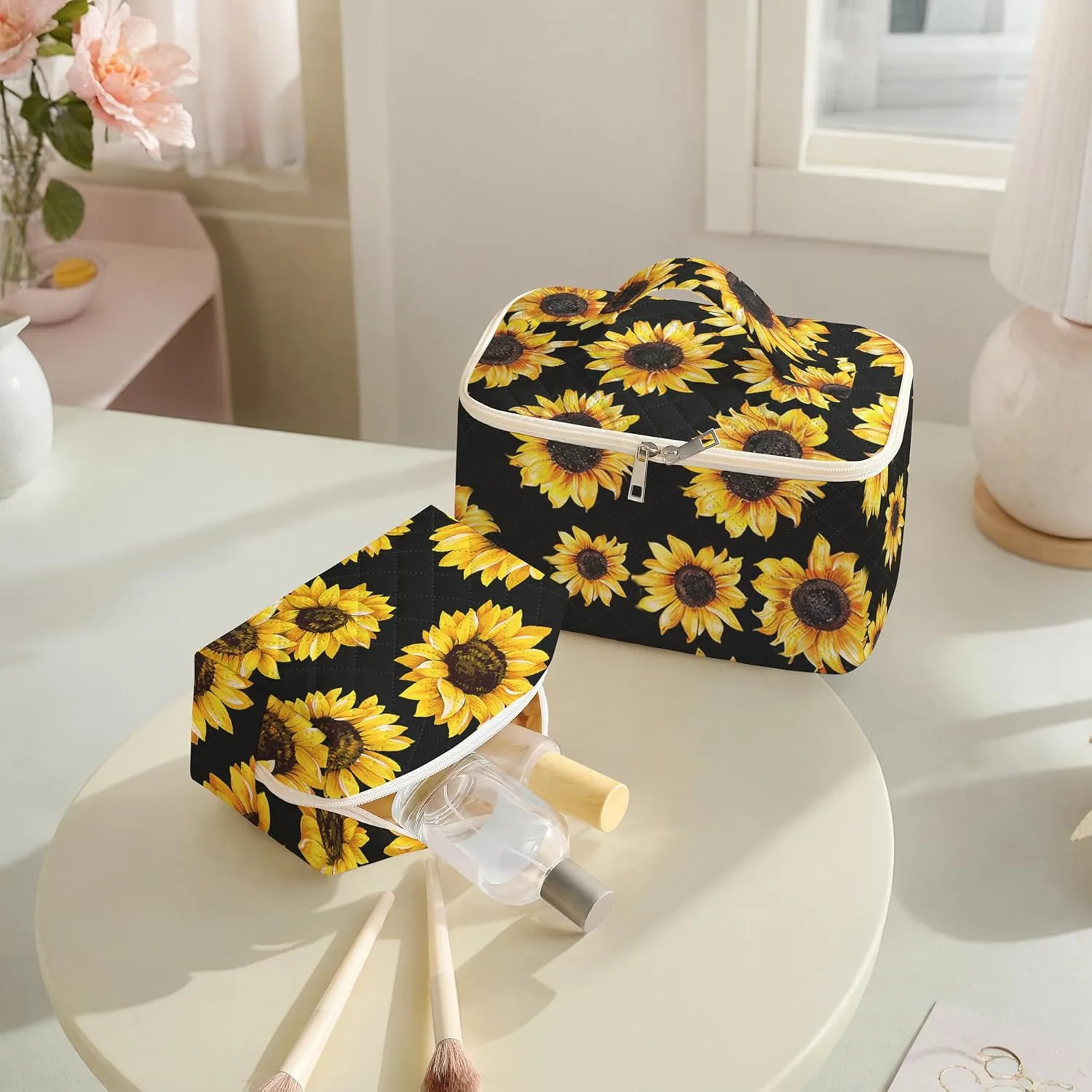 Makeup Bag For Women,Travel Toiletry Organizer,Cute Quilted Cotton Cosmetic Pouch,Portable Make Up Bags For Friendship Gift 2Pack