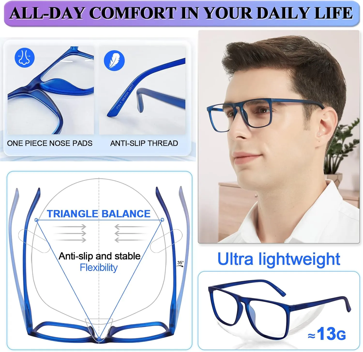 MARE AZZURO Large Blue Light Blocking Reading Glasses Men Computer Readers 0 1.0 1.25 1.5 1.75 2.0 2.25 2.5 2.75 3.0 3.5 4.0 5.0 6.0 (Matt Blue, 3.00)