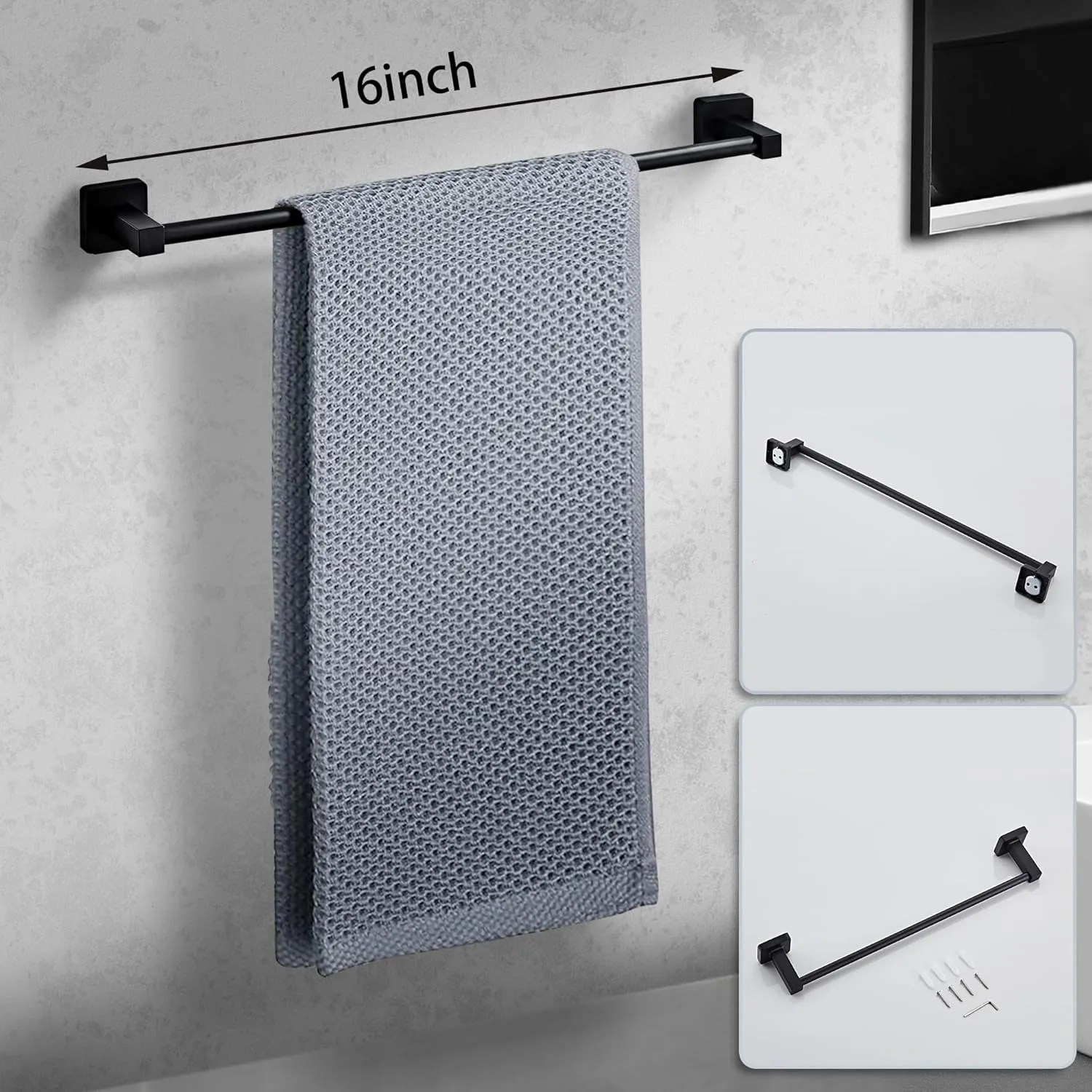 Matte Black Bathroom Hardware Set 8 Pieces,Towel Bar Set Stainless Steel Wall Mounted, Includes 16In Hand Towel Bar, Towel Ring, Robe Towel Hooks,Toilet Paper Holder, Bathroom Towel Rack Set…