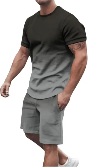 Men 2 Piece Outfits Casual Short Sleeve Summer Fashion Gradient Color Athletic Shirt and Drawstring Shorts Sweatsuit