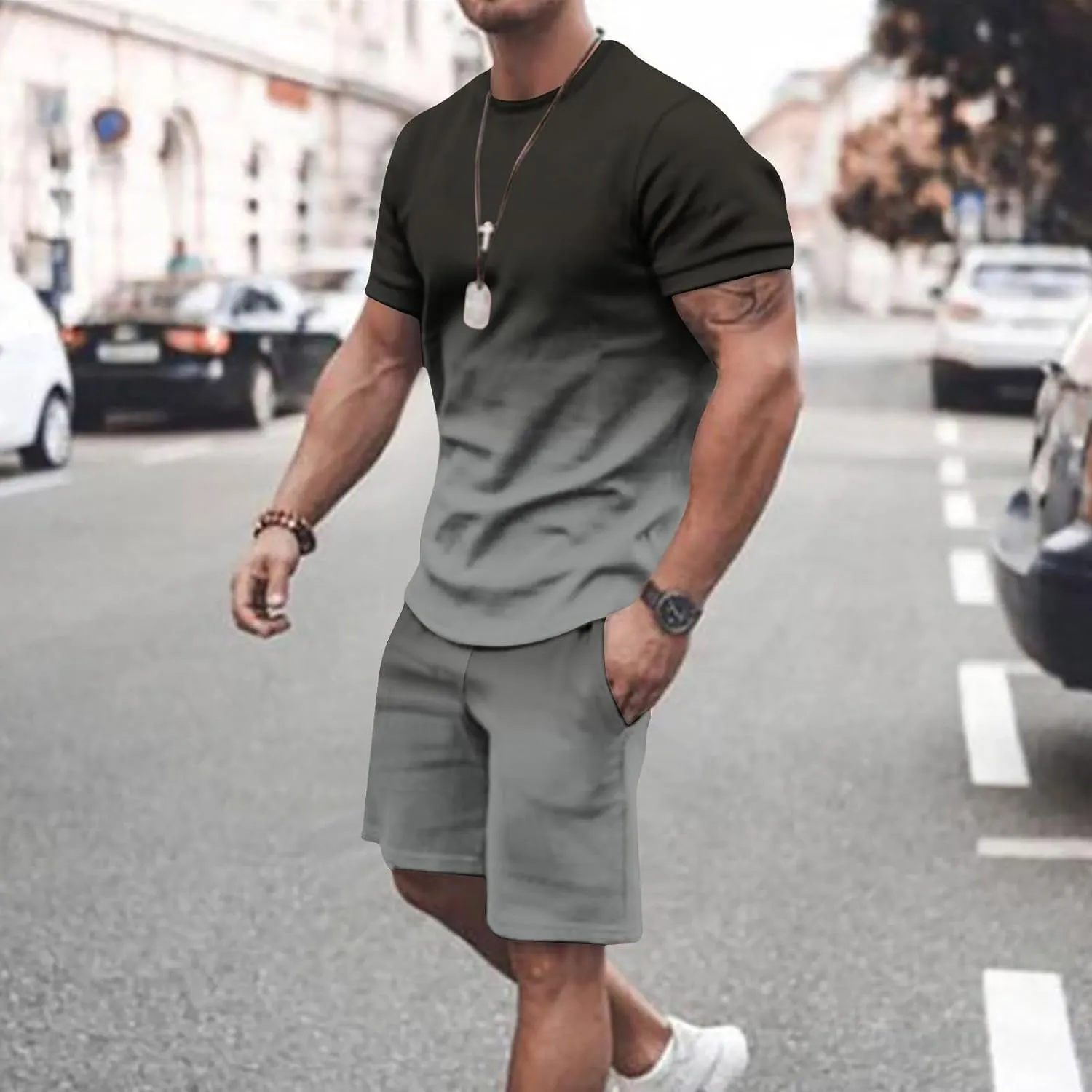 Men 2 Piece Outfits Casual Short Sleeve Summer Fashion Gradient Color Athletic Shirt and Drawstring Shorts Sweatsuit