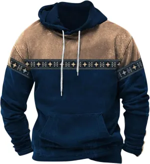 Men Hoodies Pullover Drawstring Aztec Ethnic Western Hooded Sweatshirts Casual Loose Ethnic Print Pullover Shirts