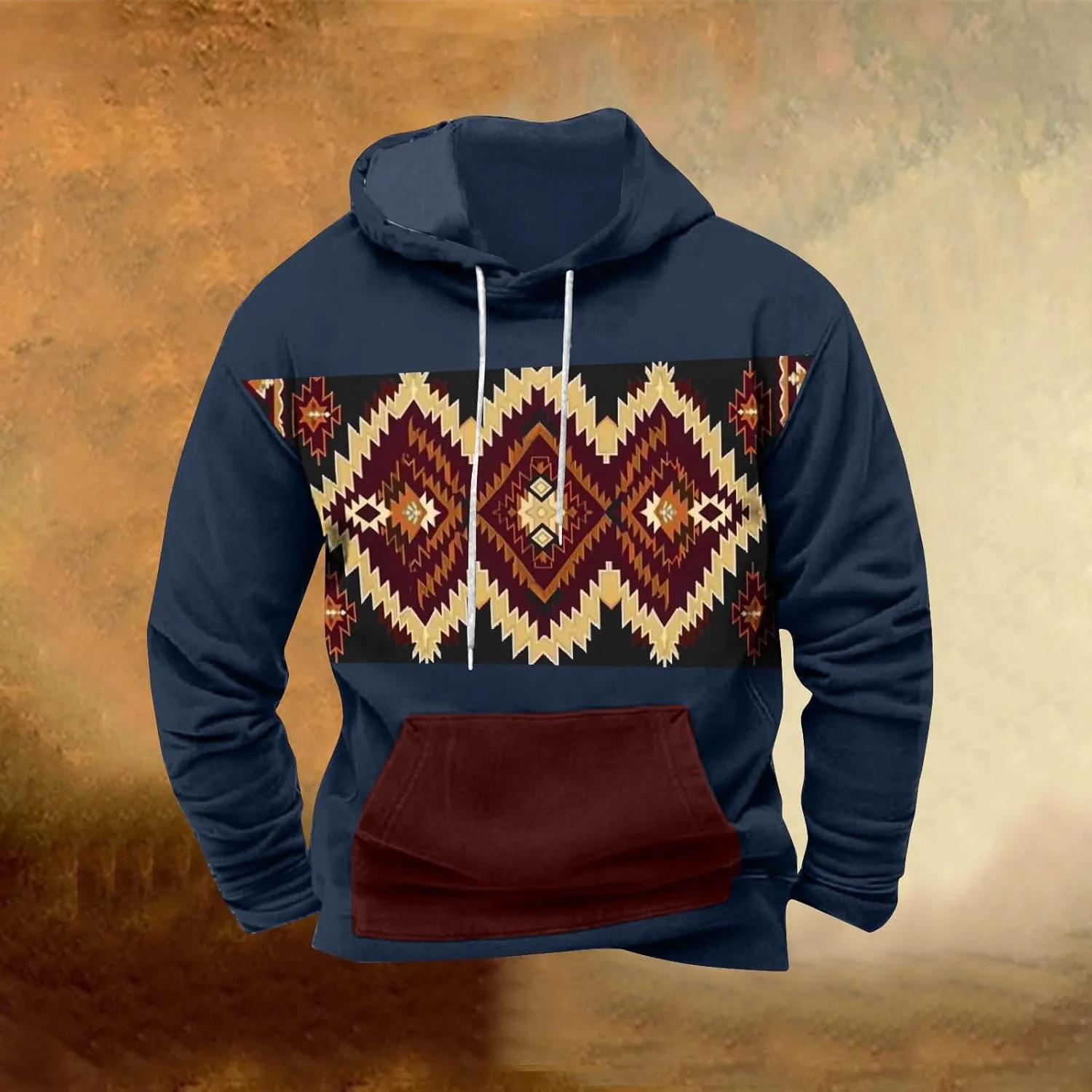 Men Sweatshirts Western Aztec Long Sleeve Hoodie Drawstraing Big and Tall Vintage Casual Pullover Tops