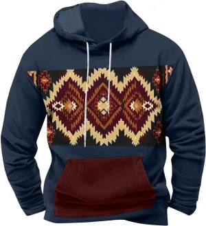 Men Sweatshirts Western Aztec Long Sleeve Hoodie Drawstraing Big and Tall Vintage Casual Pullover Tops