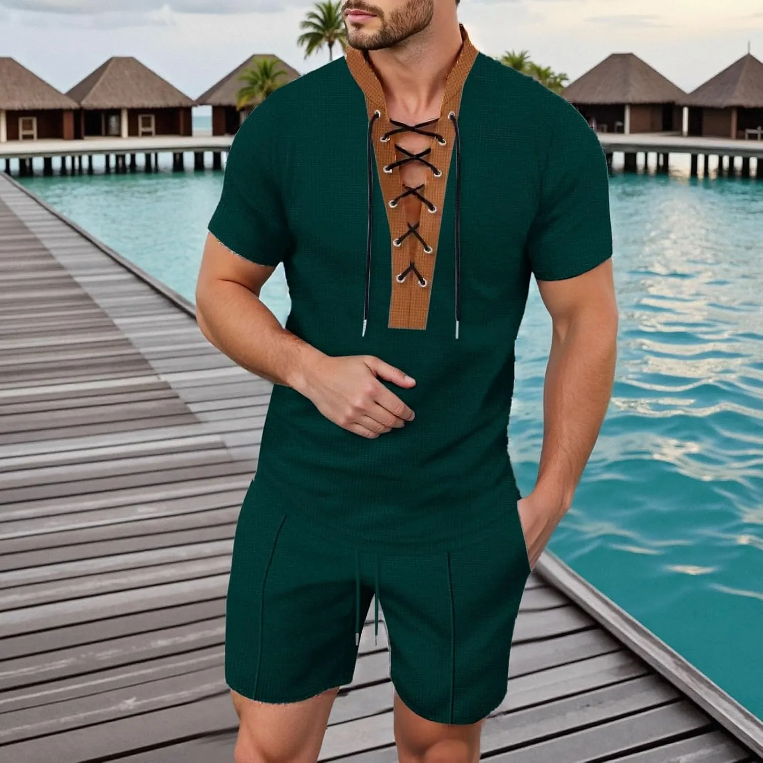 Men's 2 Piece Casual Summer Beach Drawstring Shirt Short Sleeve Solid Color Comfy Shirts and Shorts Yoga Outfits Sets