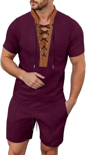Men's 2 Piece Casual Summer Beach Drawstring Shirt Short Sleeve Solid Color Comfy Shirts and Shorts Yoga Outfits Sets