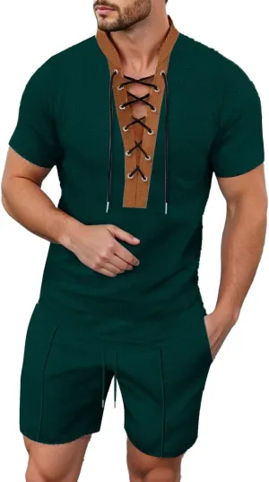 Men's 2 Piece Casual Summer Beach Drawstring Shirt Short Sleeve Solid Color Comfy Shirts and Shorts Yoga Outfits Sets