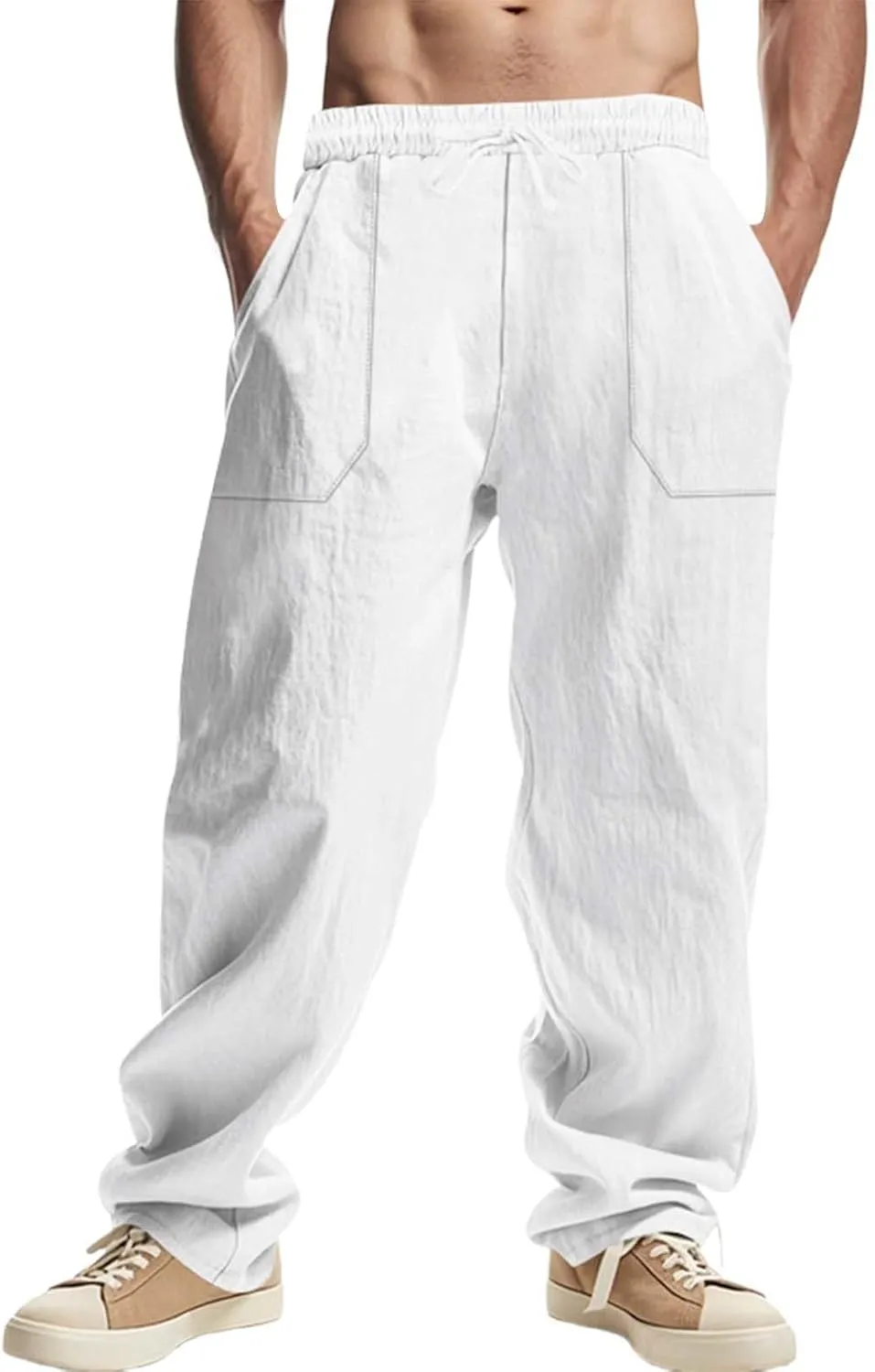 Men's Casual Linen Pants Loose Fit Elastic Waist Drawstring Beach Summer Pant Lightweight Cotton Trousers with Pocket